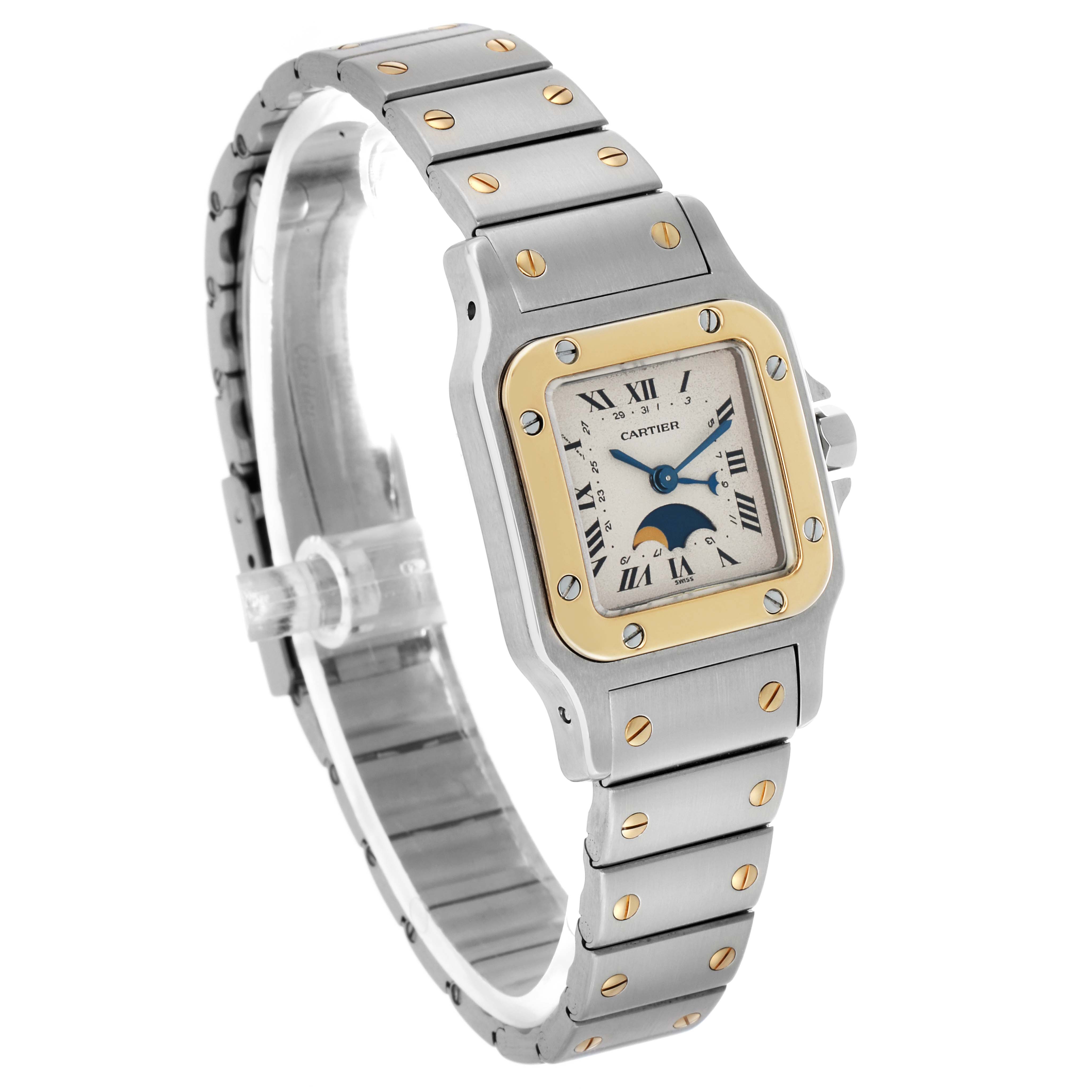 The Cartier Santos W20008C4 Women's Steel and Gold (two tone) Silver Dial watch is shown at a three-quarter angle, highlighting its face, bezel, and bracelet.
