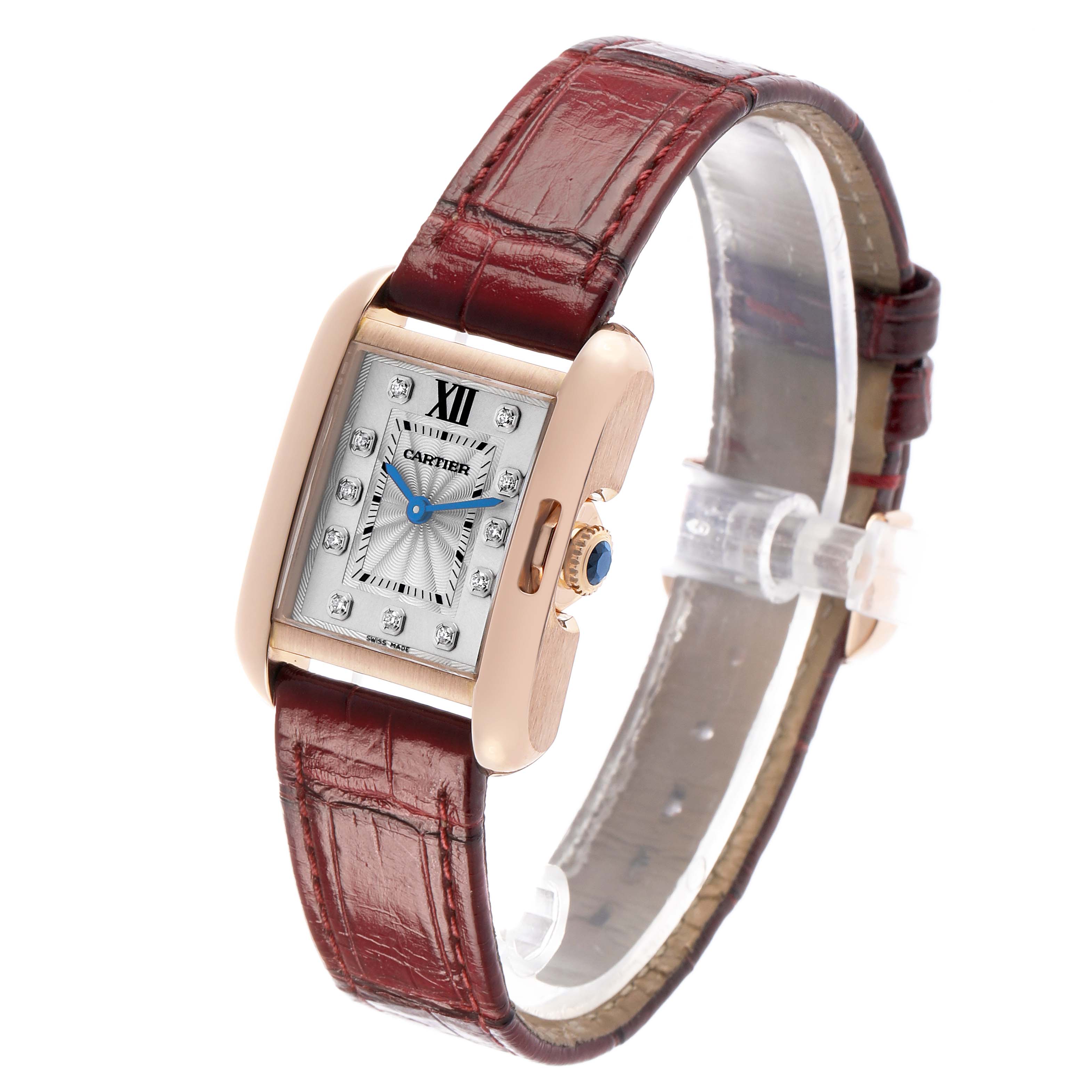 The Cartier Tank Anglaise WJTA0007 Women's Rose Gold Silver Dial watch is shown at a slight angle, highlighting the face, case, crown, and leather strap.