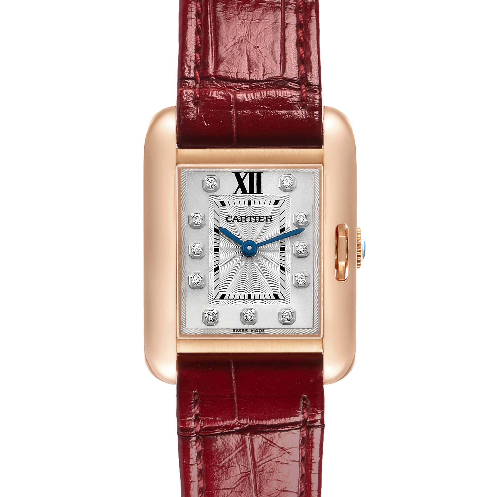 The Cartier Tank Anglaise WJTA0007 Women's Rose Gold Silver Dial watch is shown from a front view, featuring a rectangular face, diamond hour markers, and a burgundy leather strap.