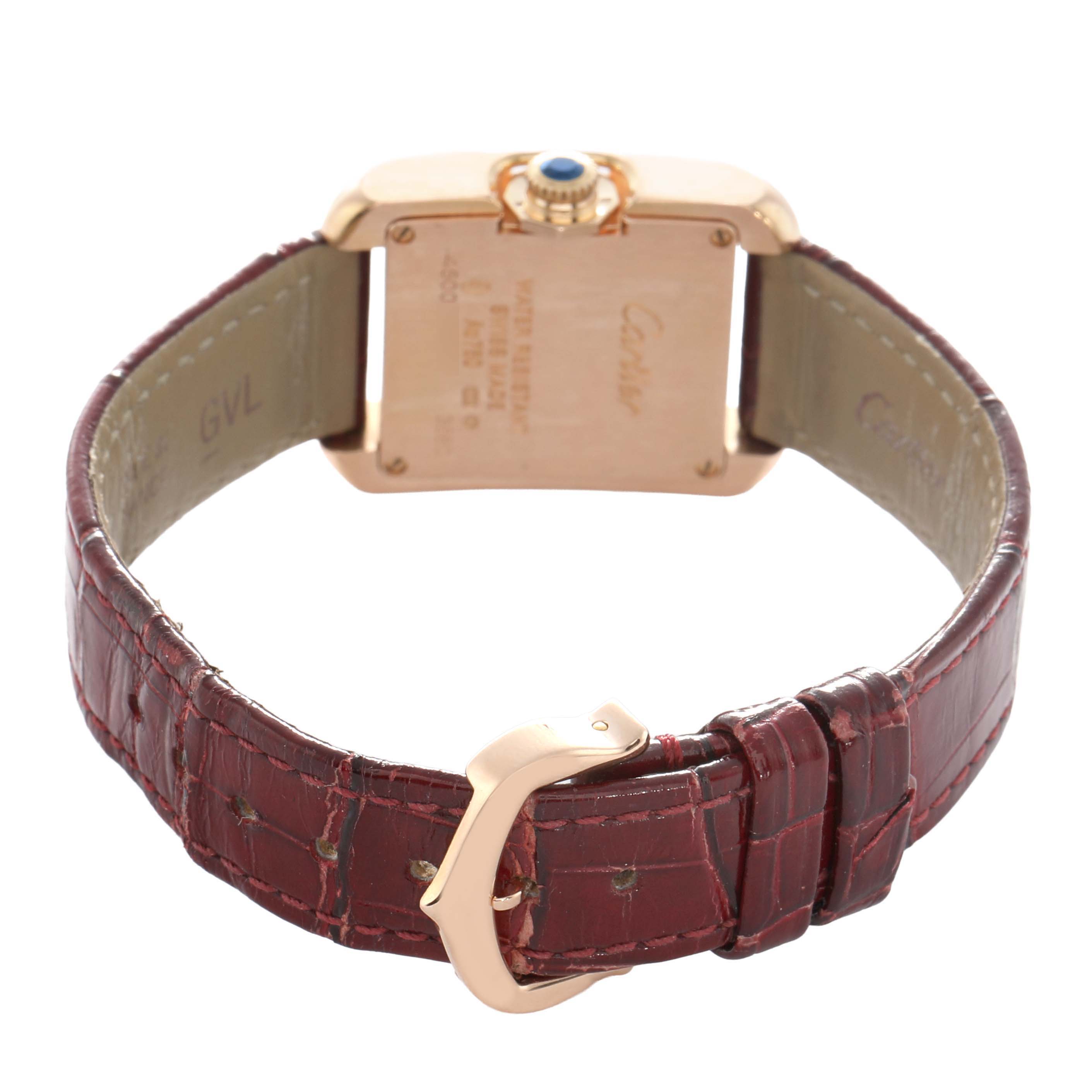 The image shows the back and sides of a Cartier Tank Anglaise WJTA0007 Women's Rose Gold Silver Dial watch, highlighting the strap and clasp.