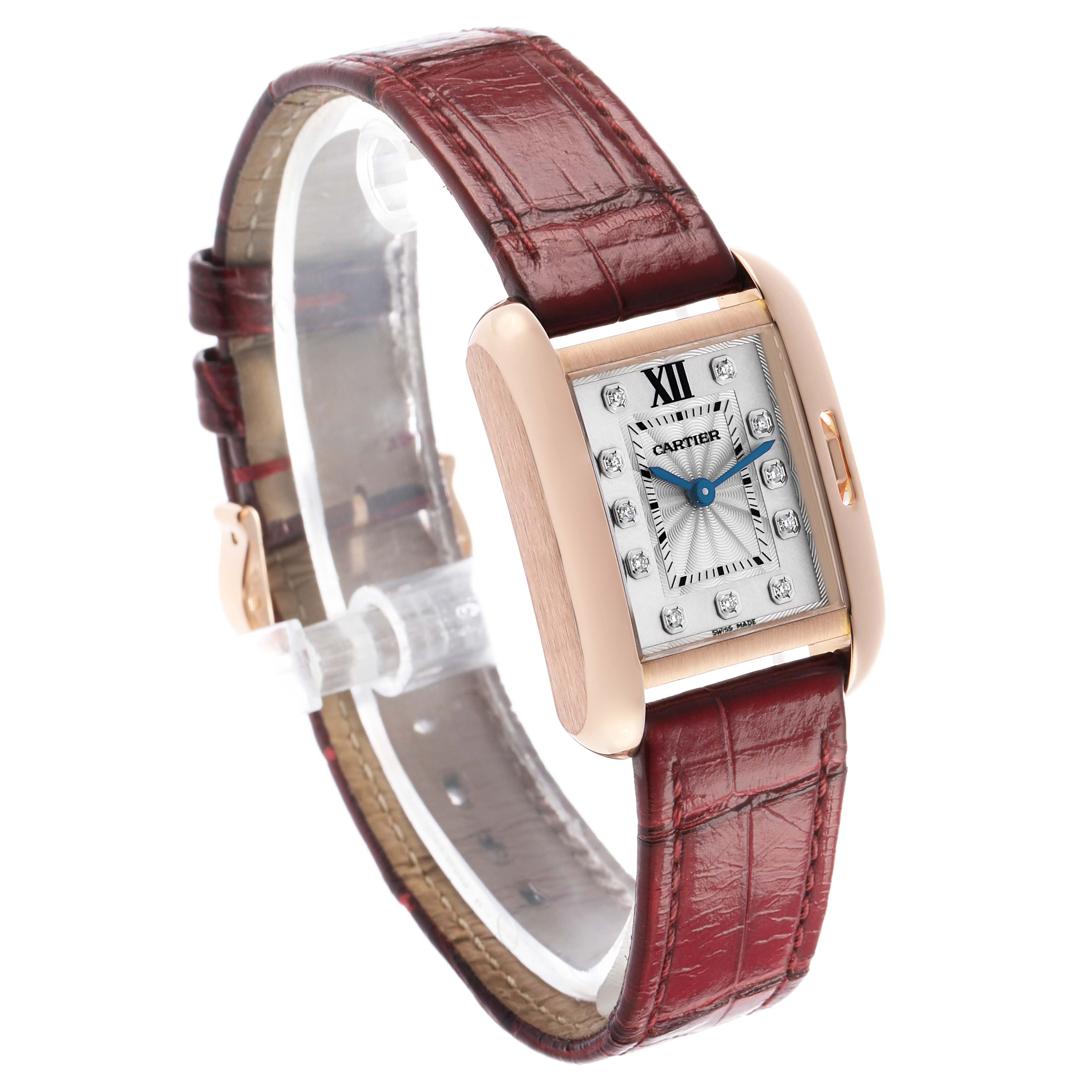 The Cartier Tank Anglaise WJTA0007 Women's Rose Gold Silver Dial watch is shown from a three-quarter angle, highlighting its case, dial, and leather strap.