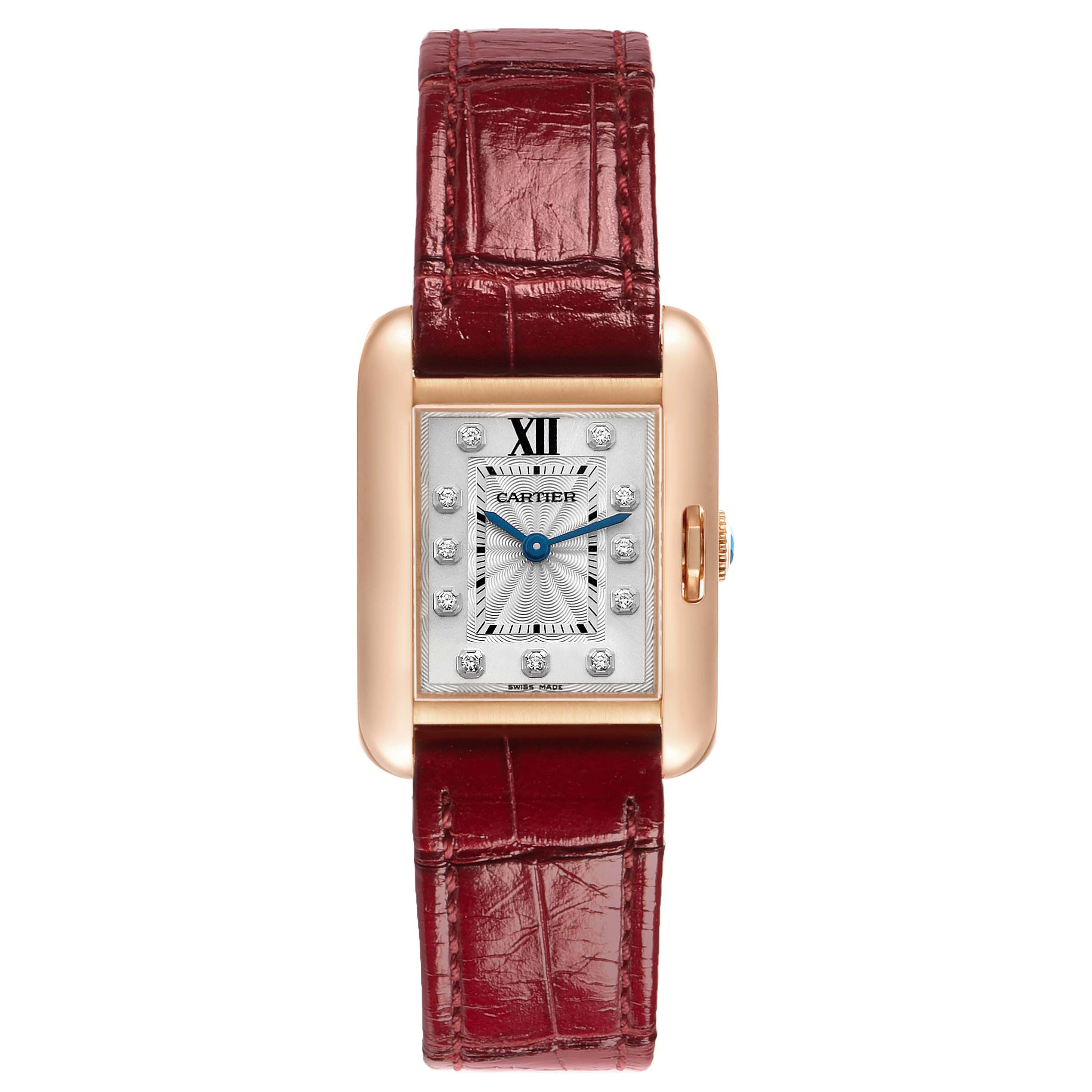 The Cartier Tank Anglaise WJTA0007 Women's Rose Gold Silver Dial watch is shown from a front angle, displaying its rectangular dial, leather strap, and crown.