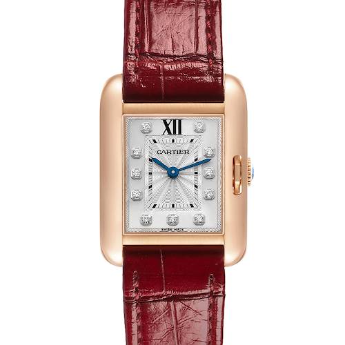 The Cartier Tank Anglaise WJTA0007 Women's Rose Gold Silver Dial watch is shown from the front, featuring a gold case, diamond markers, and a red leather strap.