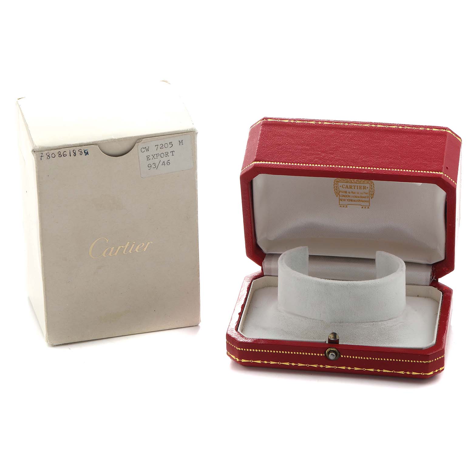 The image shows the Tank Classic by Cartier packaging with an open red box and a white outer box.
