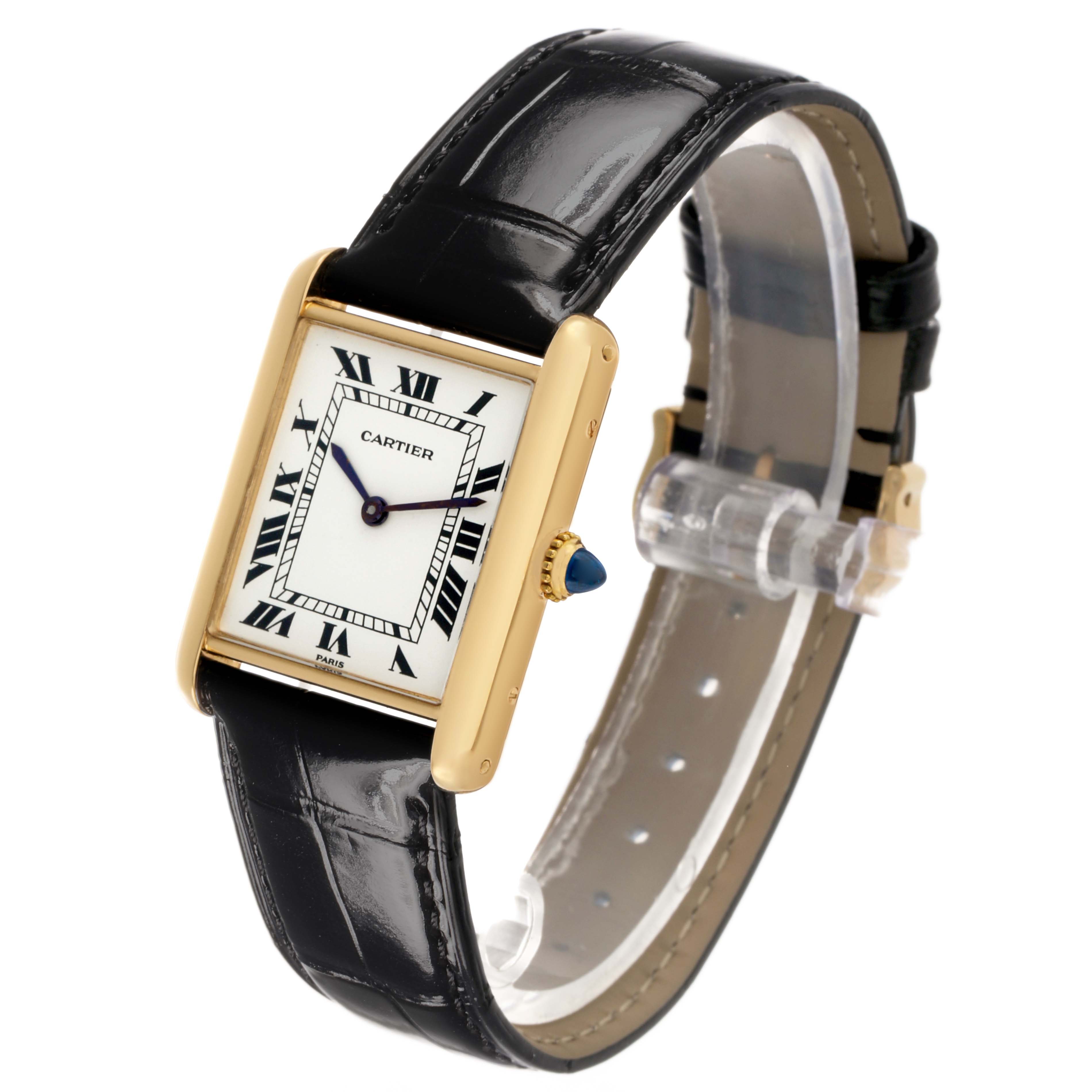 The Cartier Tank Classic Women's Yellow Gold White Dial watch is shown at a slight angle, highlighting its rectangular face, Roman numerals, and black leather strap.