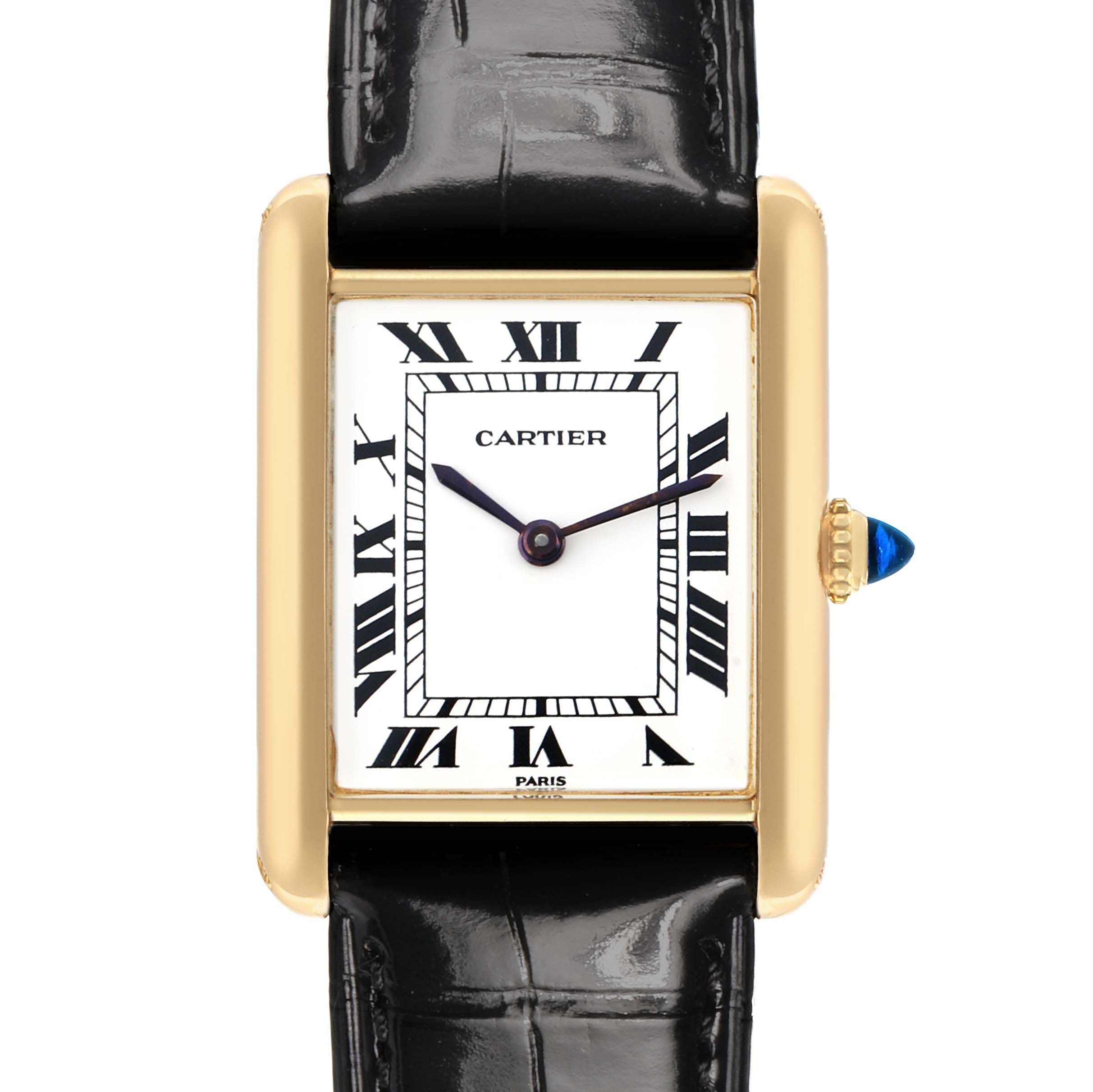 The Cartier Tank Classic Women's Yellow Gold White Dial is shown from a top view, displaying the dial, gold case, roman numerals, blue hands, and crown.