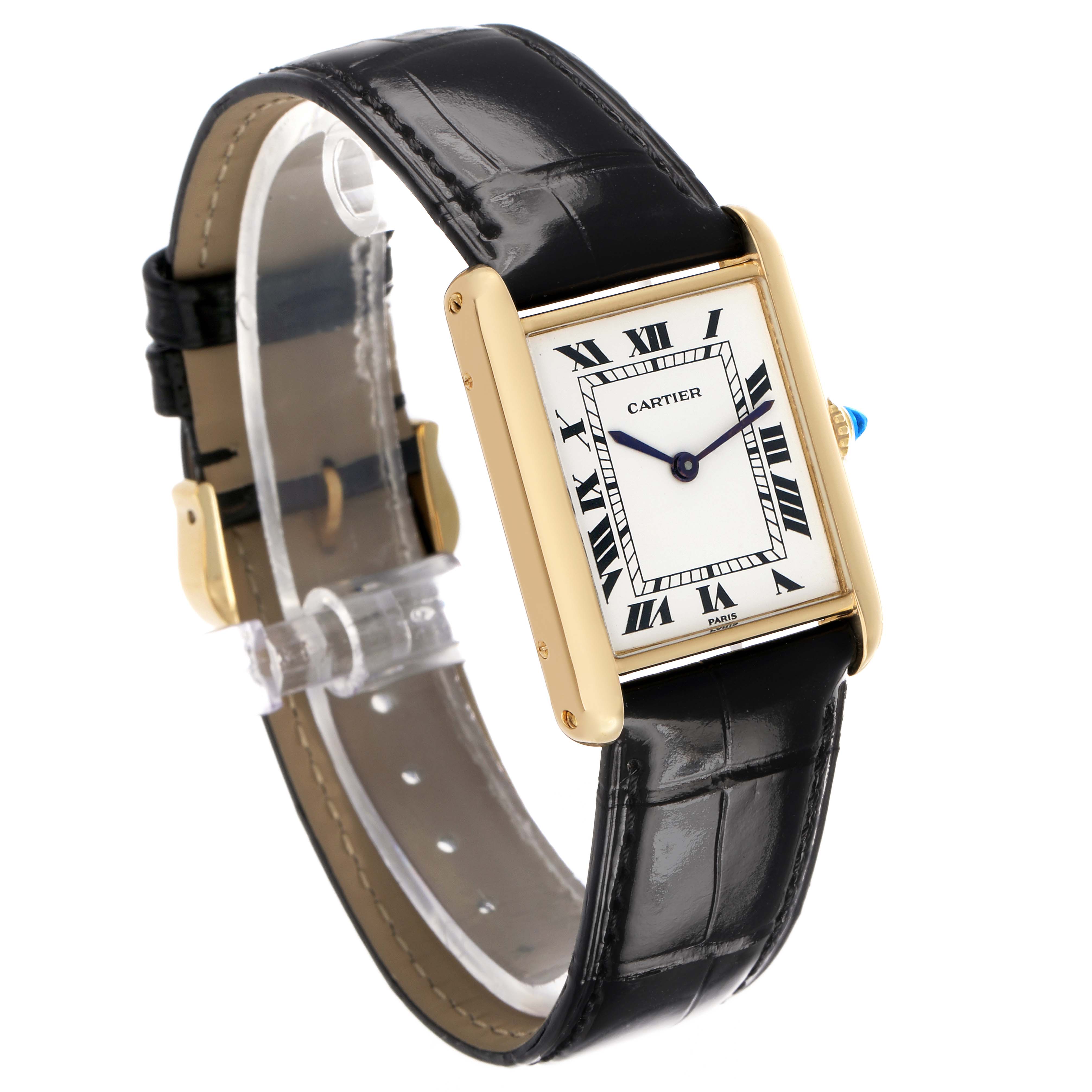 The Cartier Tank Classic Women's Yellow Gold White Dial watch is shown at a three-quarter angle, displaying the face, case, and strap.