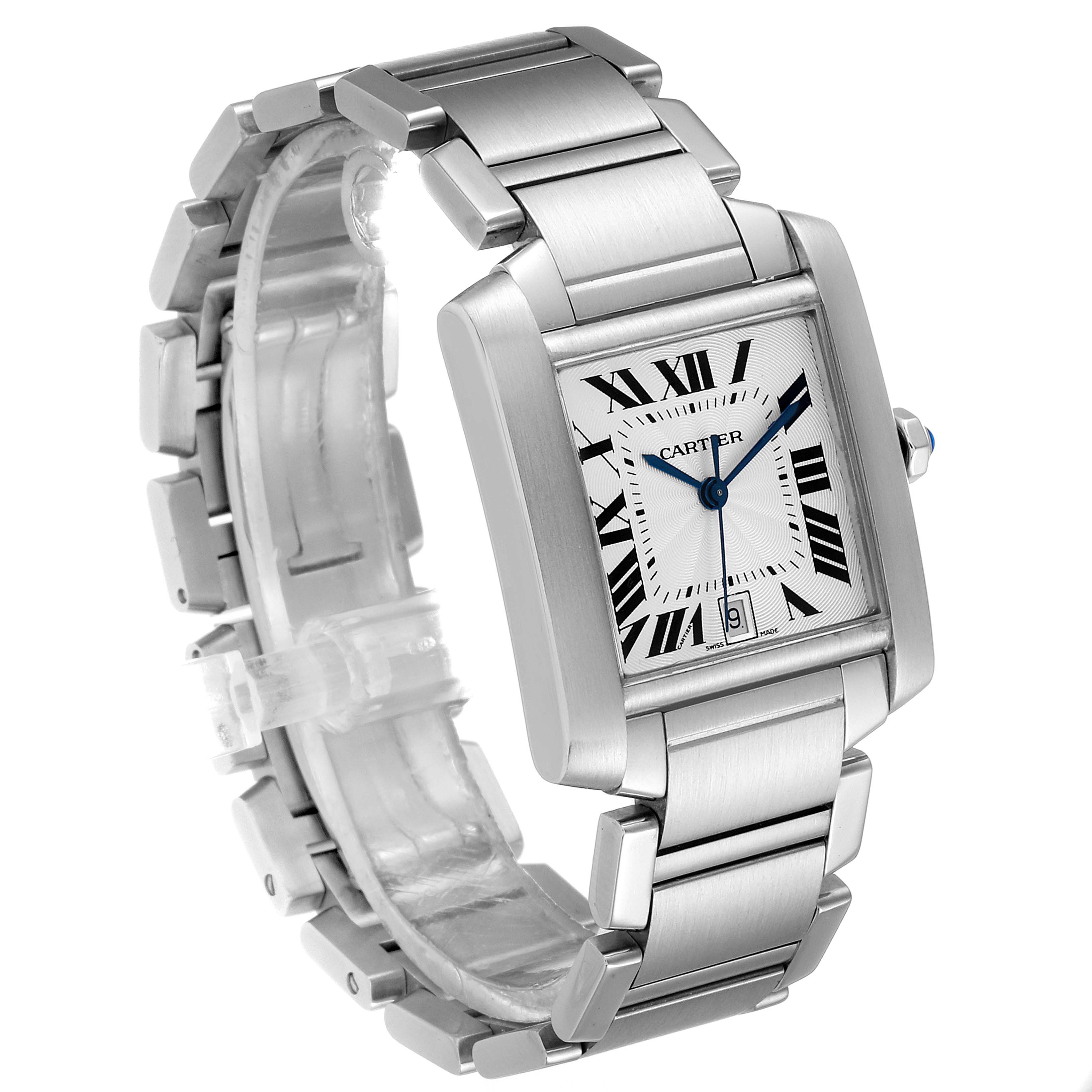 The image shows a Cartier Tank Francaise W51002Q3 Men's Stainless Steel Silver Dial W51002Q3 Men's Stainless Steel Silver Dial watch at a tilted angle, highlighting its face, bracelet, and side crown.