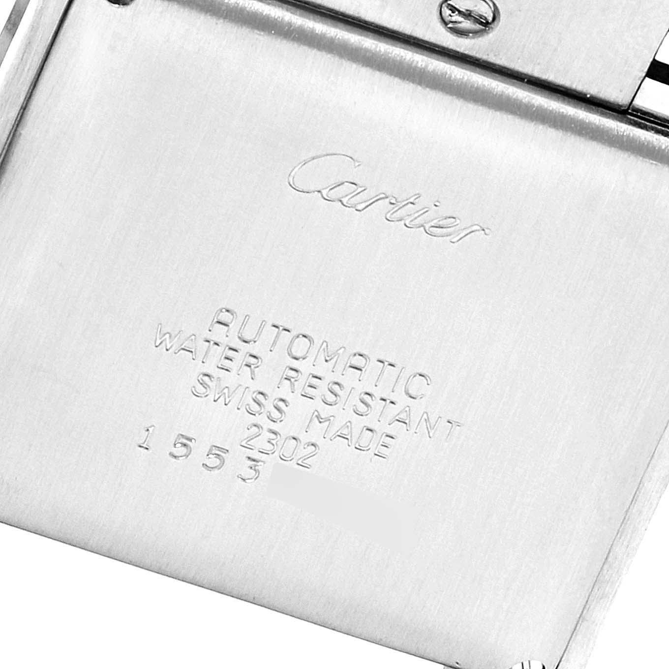 The image shows the back casing of a Cartier Tank Francaise W51002Q3 Men's Stainless Steel Silver Dial W51002Q3 Men's Stainless Steel Silver Dial watch with engravings and screws in view.