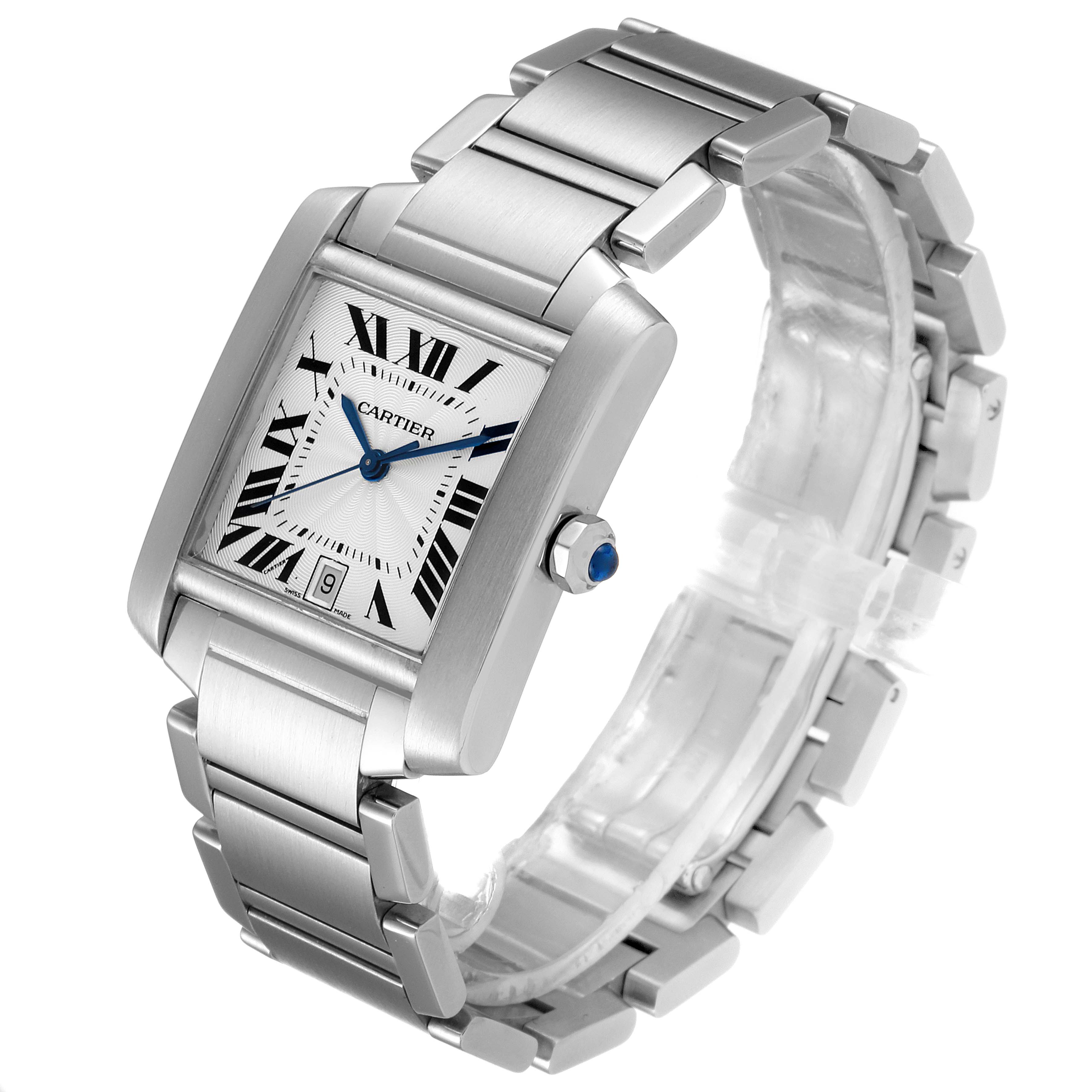 The image shows a Cartier Tank Française watch at an angled view, displaying its face, bracelet, and crown.