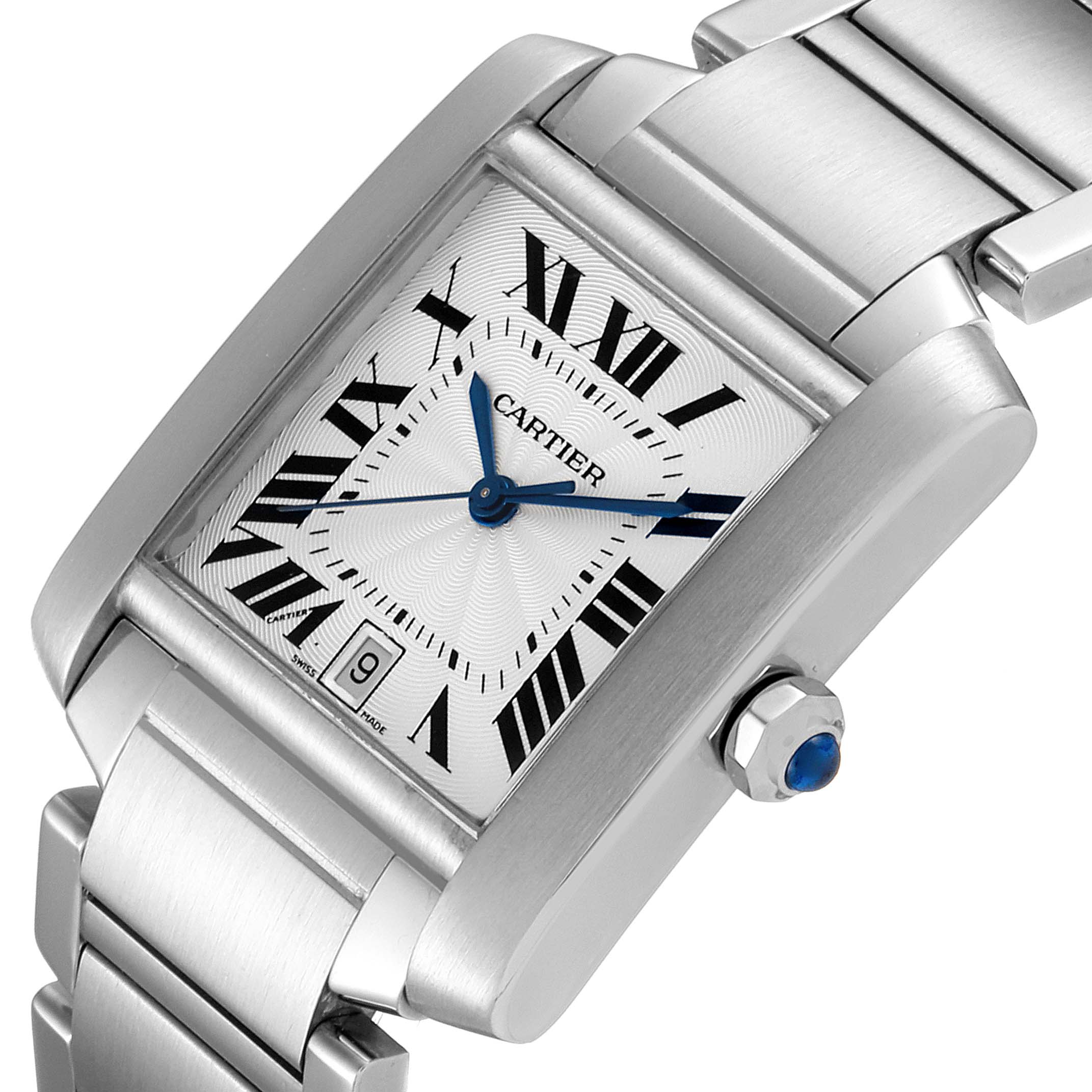 The Cartier Tank Française watch is shown at an angled view, highlighting its face, bracelet, and crown with blue gemstone.