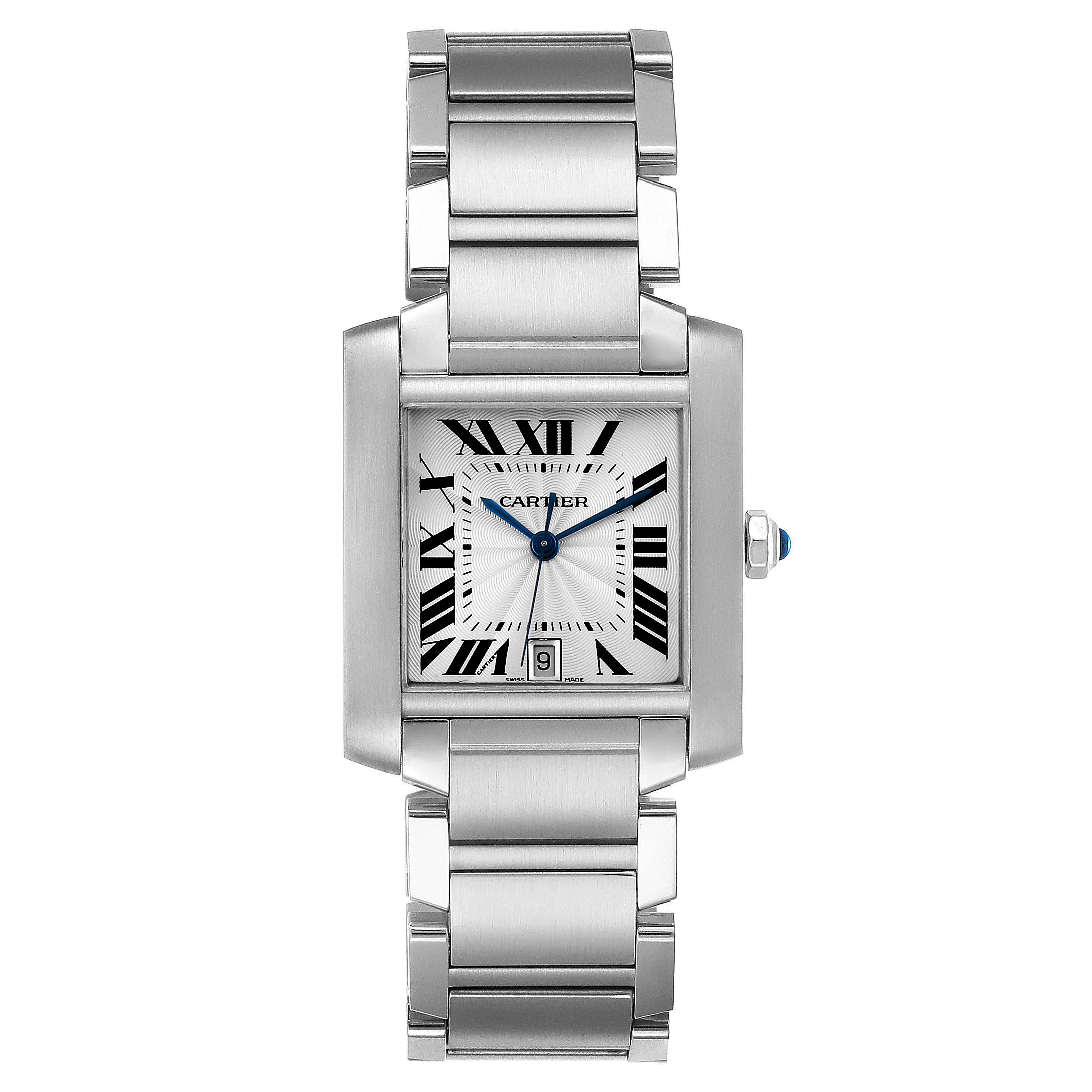 The image shows a front view of a Cartier Tank Française watch, highlighting its face, bracelet, and side crown.