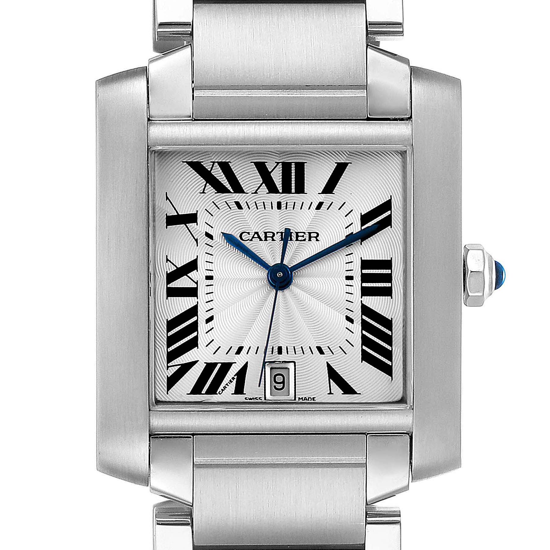The Cartier Tank Francaise W51002Q3 Men's Stainless Steel Silver Dial W51002Q3 Men's Stainless Steel Silver Dial watch is shown from the front, highlighting its rectangular case, Roman numeral dial, and metallic bracelet.