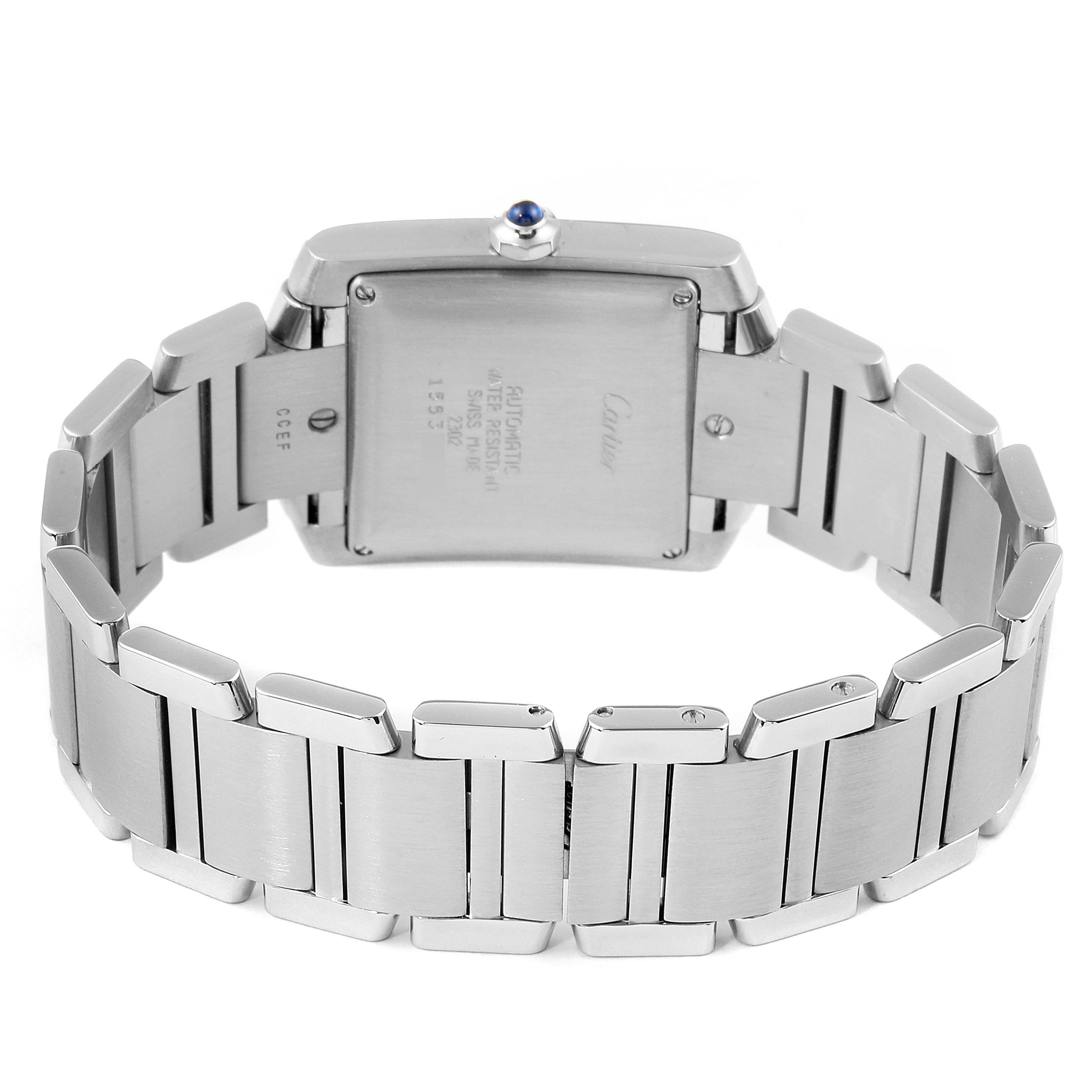 This image shows the back case and metal strap of a Cartier Tank Francaise W51002Q3 Men's Stainless Steel Silver Dial W51002Q3 Men's Stainless Steel Silver Dial watch from a rear angle.