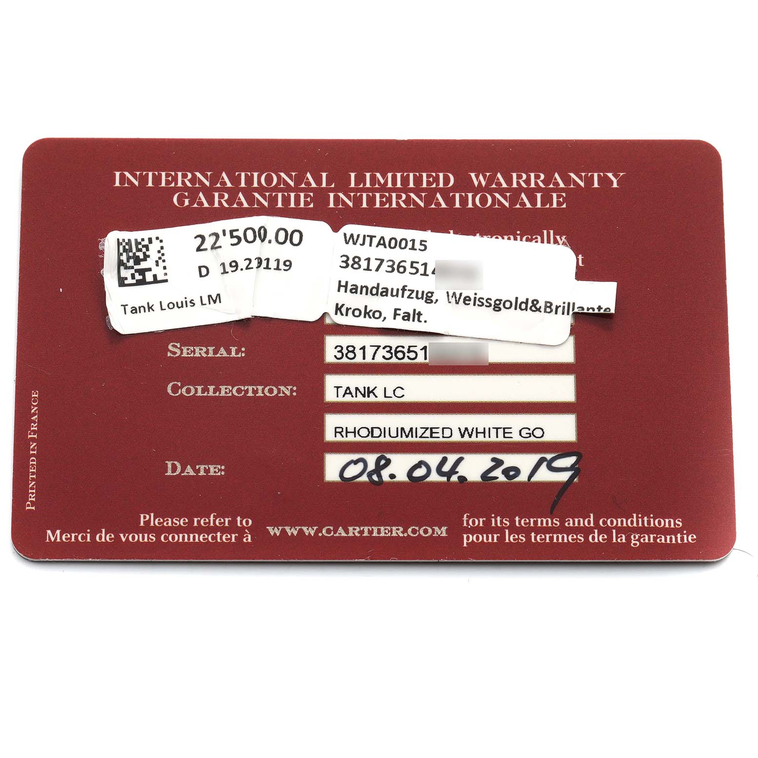 The image shows an international warranty card for a Cartier Tank Louis WJTA0015 Women's White Gold Silver Dial watch, featuring model and serial details.