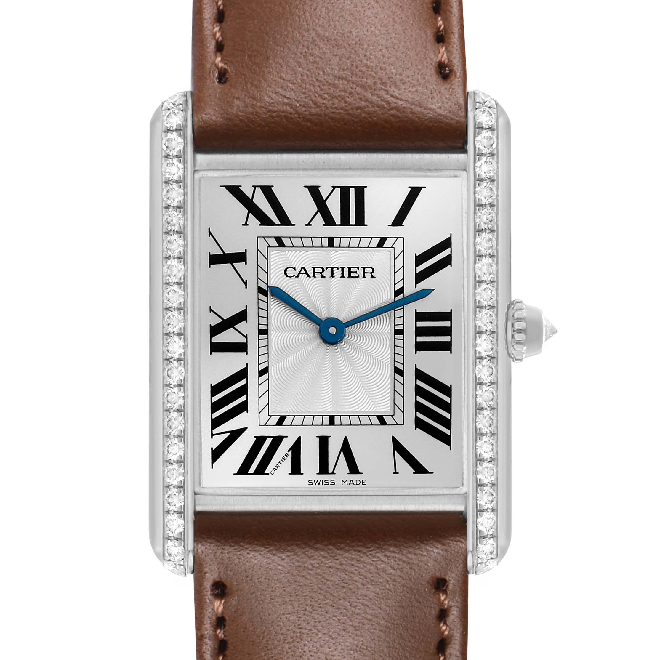 The Cartier Tank Louis WJTA0015 Women's White Gold Silver Dial watch is shown from a front angle, highlighting the dial, Roman numerals, blue hands, and leather strap.