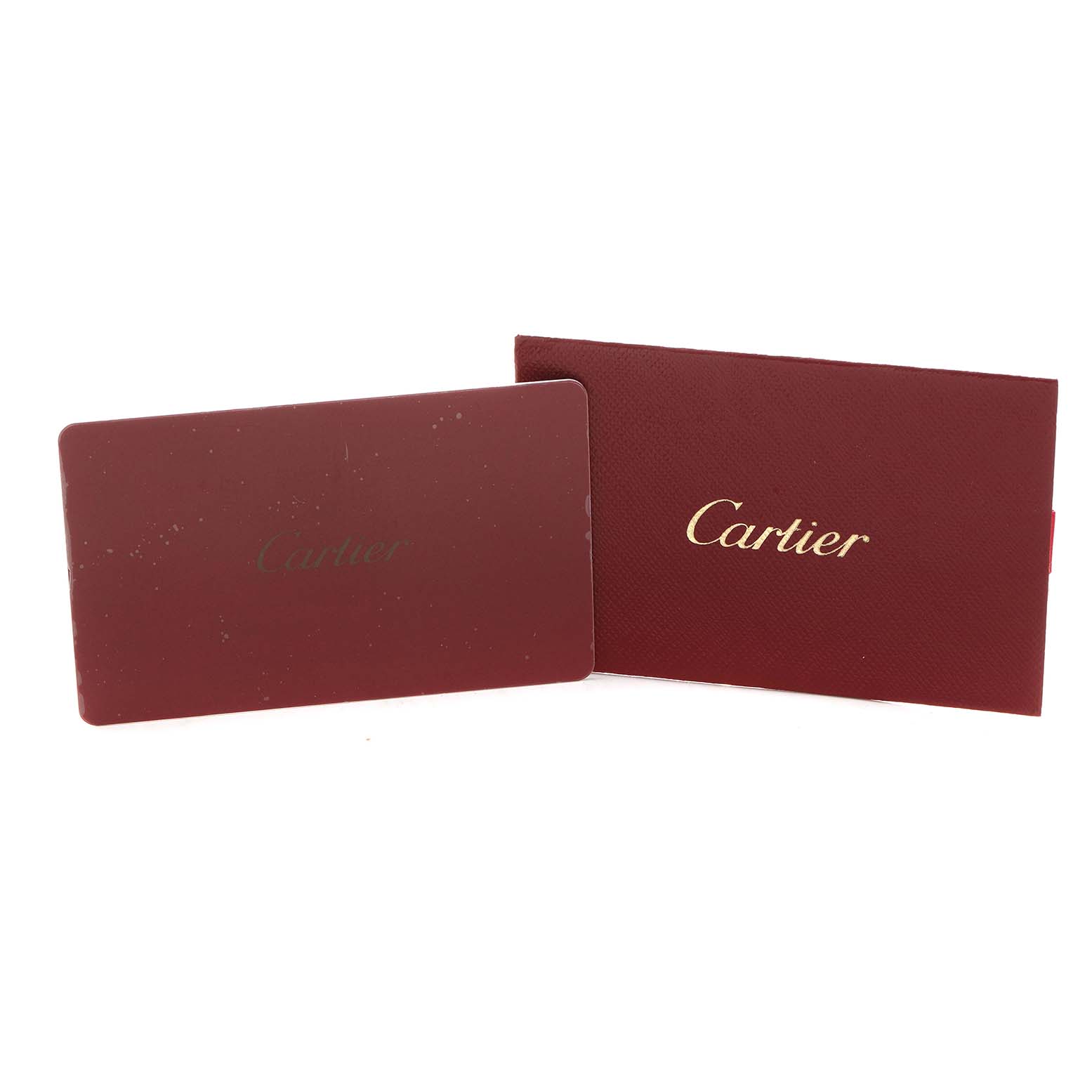 The image shows a Cartier red certificate card and matching envelope, accessories for a Tank Louis model.