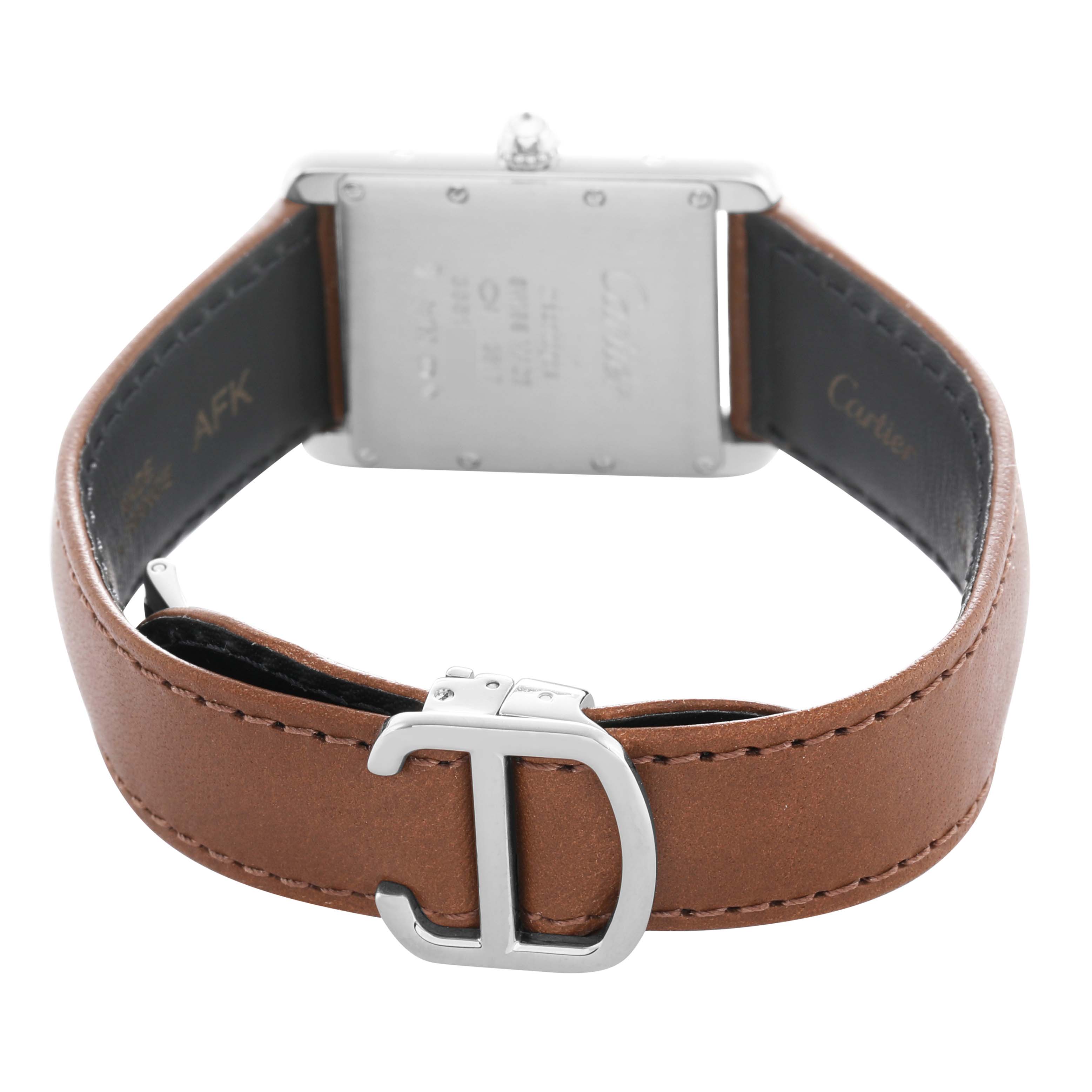 The image shows a rear view of the Cartiėr Tank Louis watch with focus on the clasp and case back.