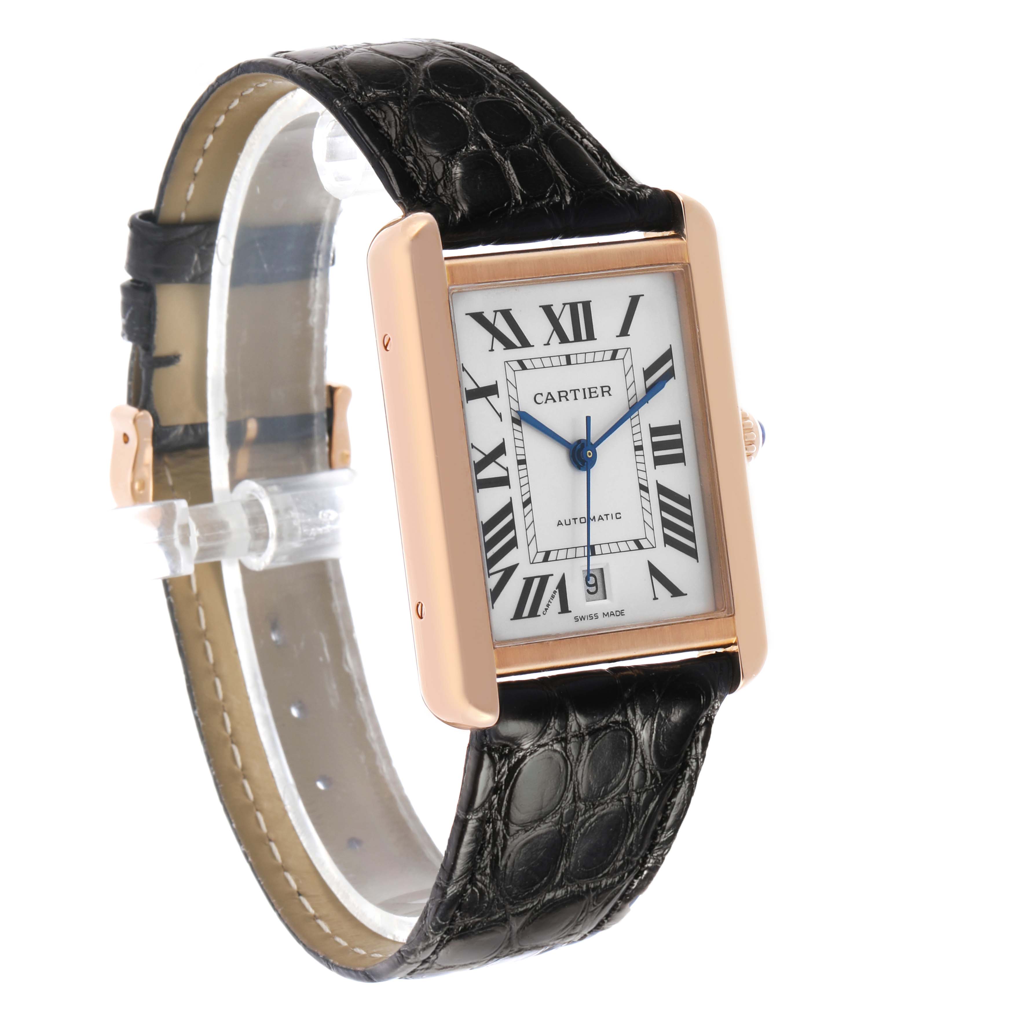 The Cartier Tank Solo W5200026 Men's Rose Gold Silver Dial watch is shown at an angle highlighting its face, Roman numerals, and black leather strap.