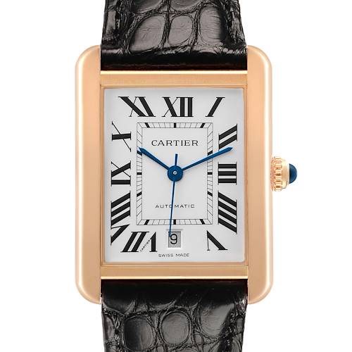 The Cartier Tank Solo W5200026 Men's Rose Gold Silver Dial watch is shown from the front, displaying its face, Roman numerals, blue hands, and leather strap.