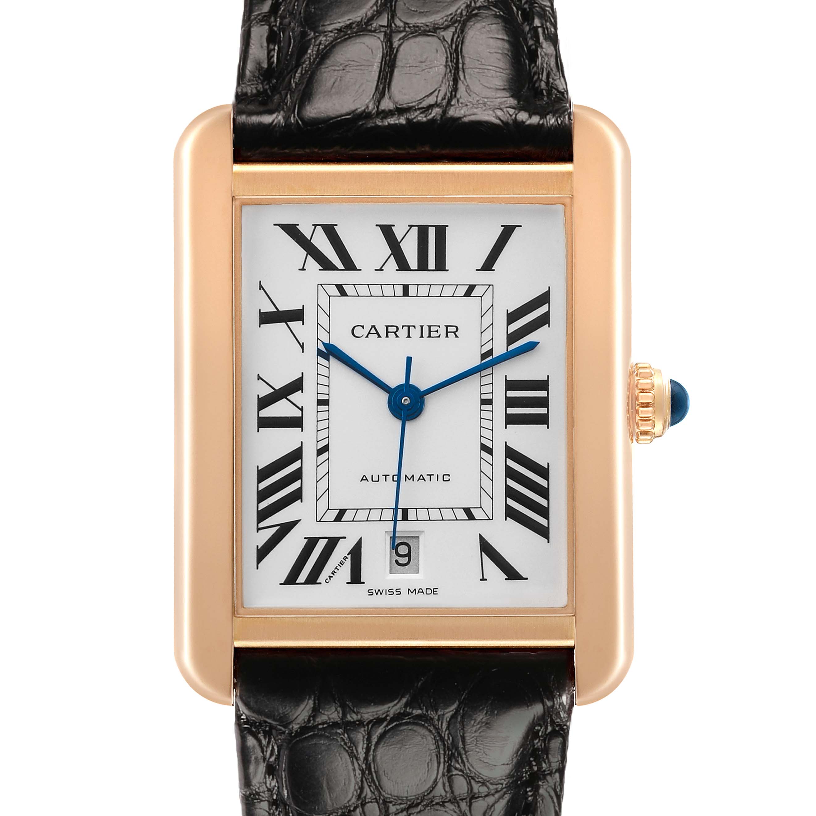 The Cartier Tank Solo W5200026 Men's Rose Gold Silver Dial watch is shown from a front view, highlighting the face, Roman numerals, crown, and leather strap.