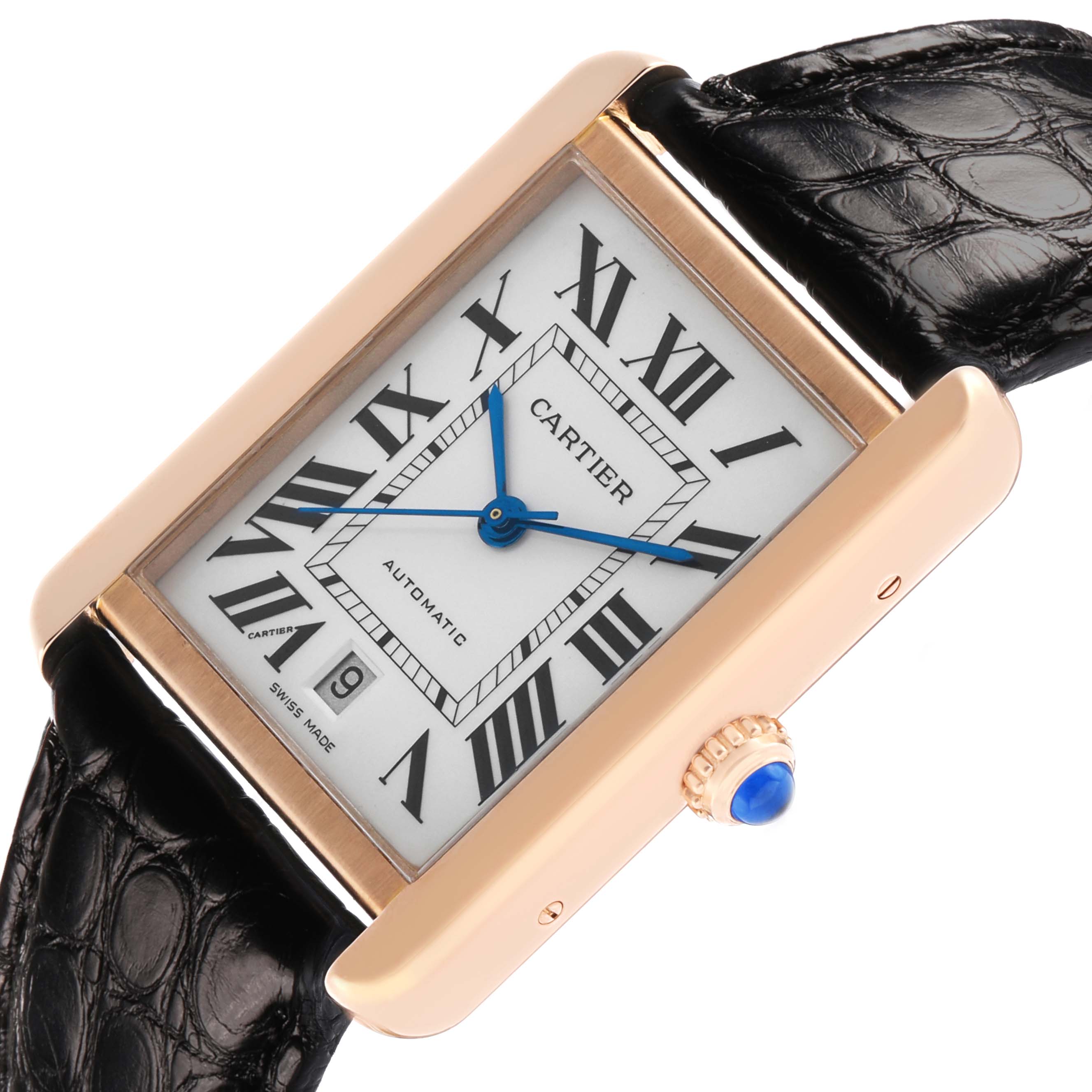 The Cartier Tank Solo W5200026 Men's Rose Gold Silver Dial watch is shown from a close-up, angled view highlighting the dial, case, strap, and crown.