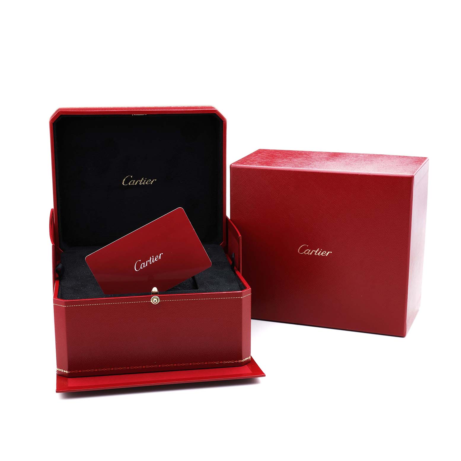 The image shows the red box and card packaging for the Cartier Tank Solo W5200026 Men's Rose Gold Silver Dial watch set at an angle with the card partially upright.