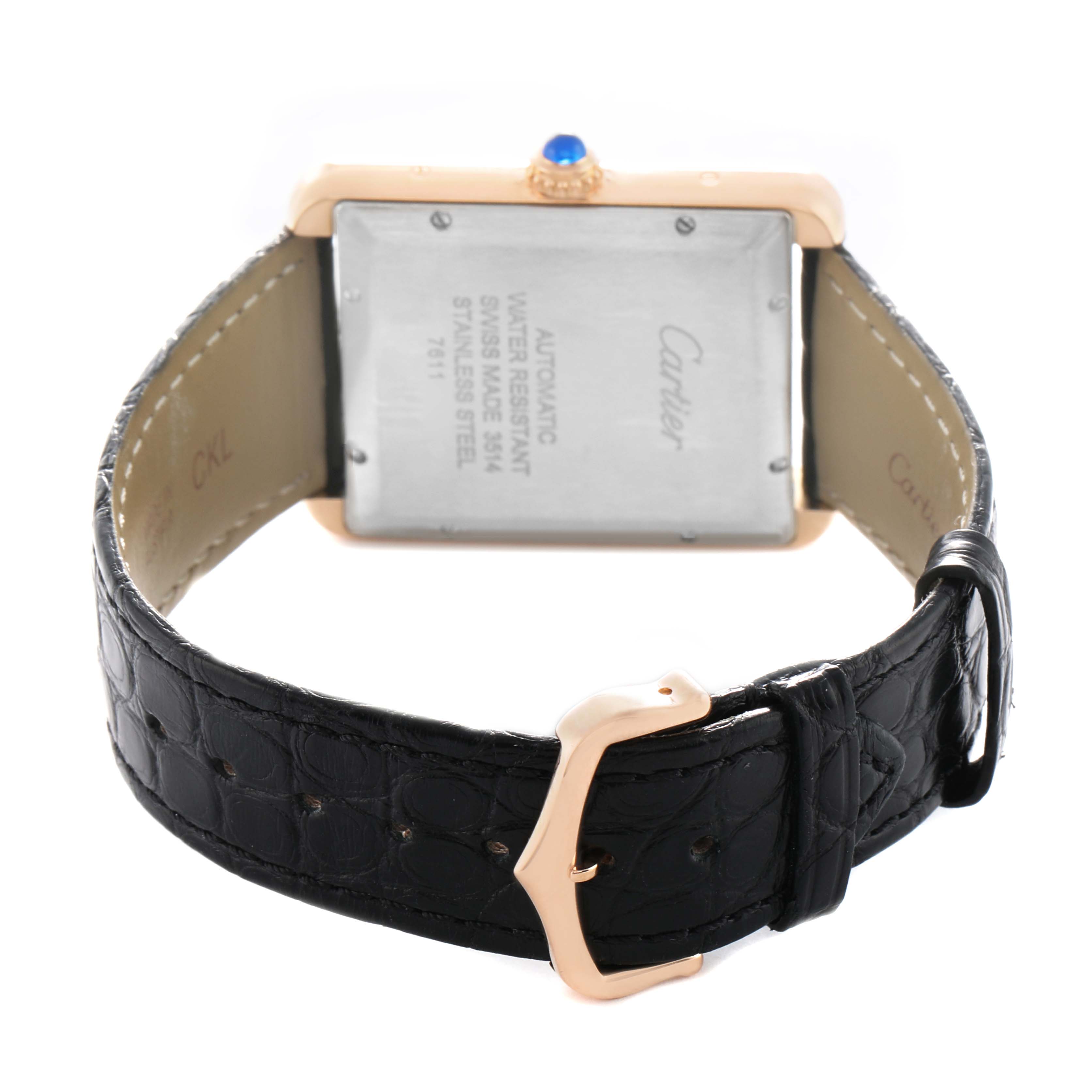 The image shows the back of a Cartier Tank Solo W5200026 Men's Rose Gold Silver Dial watch with a view of the strap and clasp.