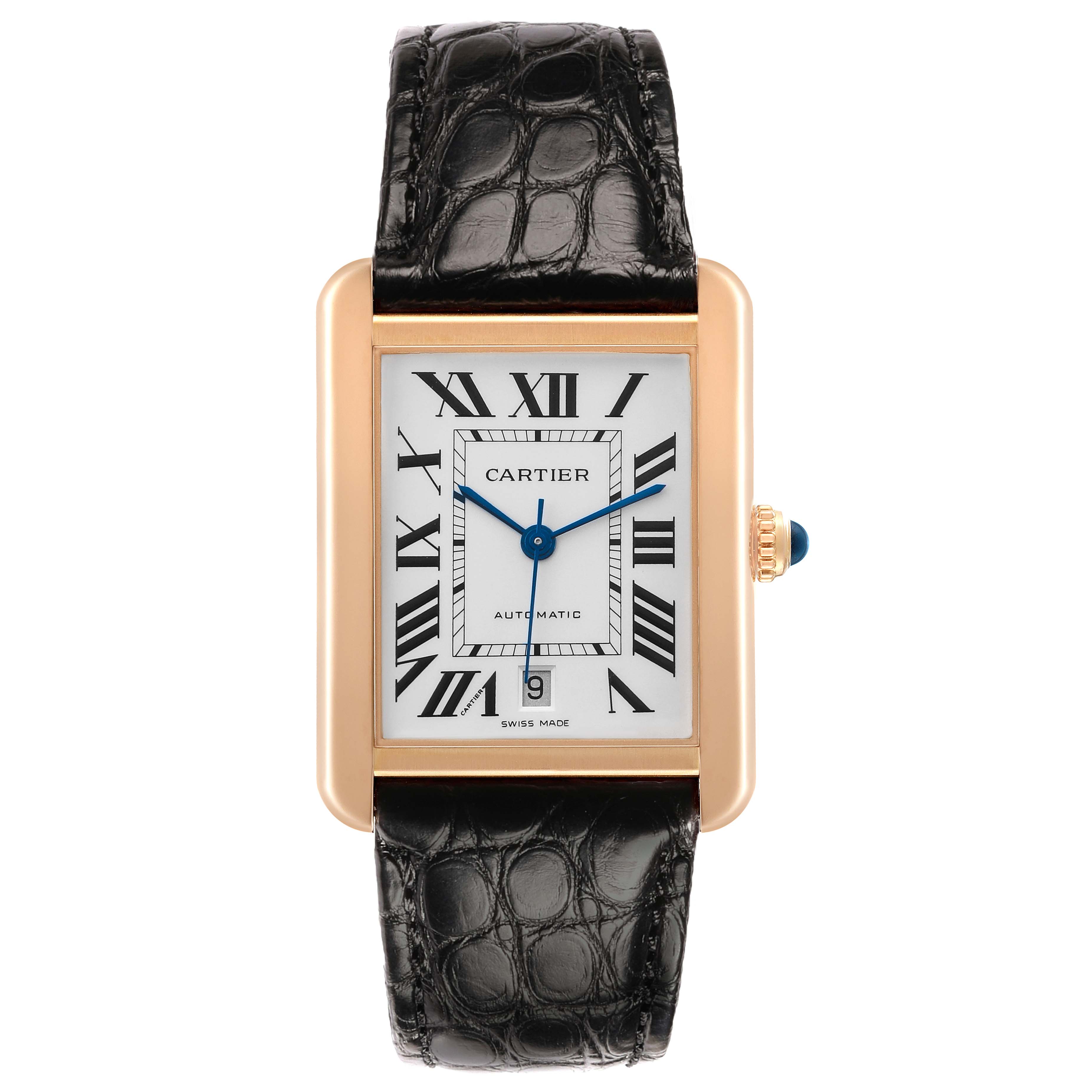 The Cartier Tank Solo W5200026 Men's Rose Gold Silver Dial watch is shown from a front angle, highlighting its rectangular face, Roman numerals, and leather strap.