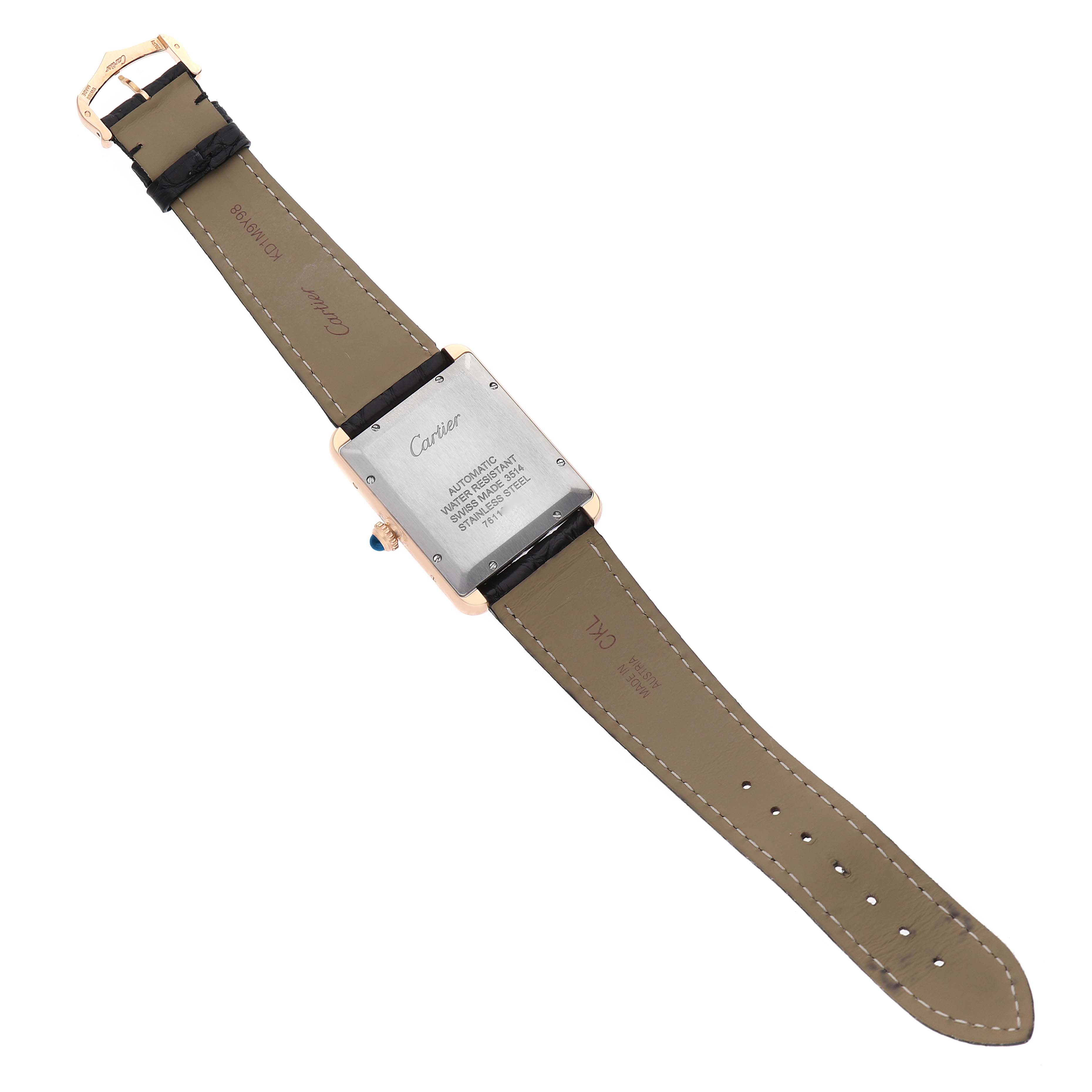 The image shows the back view of a Cartier Tank Solo W5200026 Men's Rose Gold Silver Dial watch, highlighting the clasp, strap, and case back.