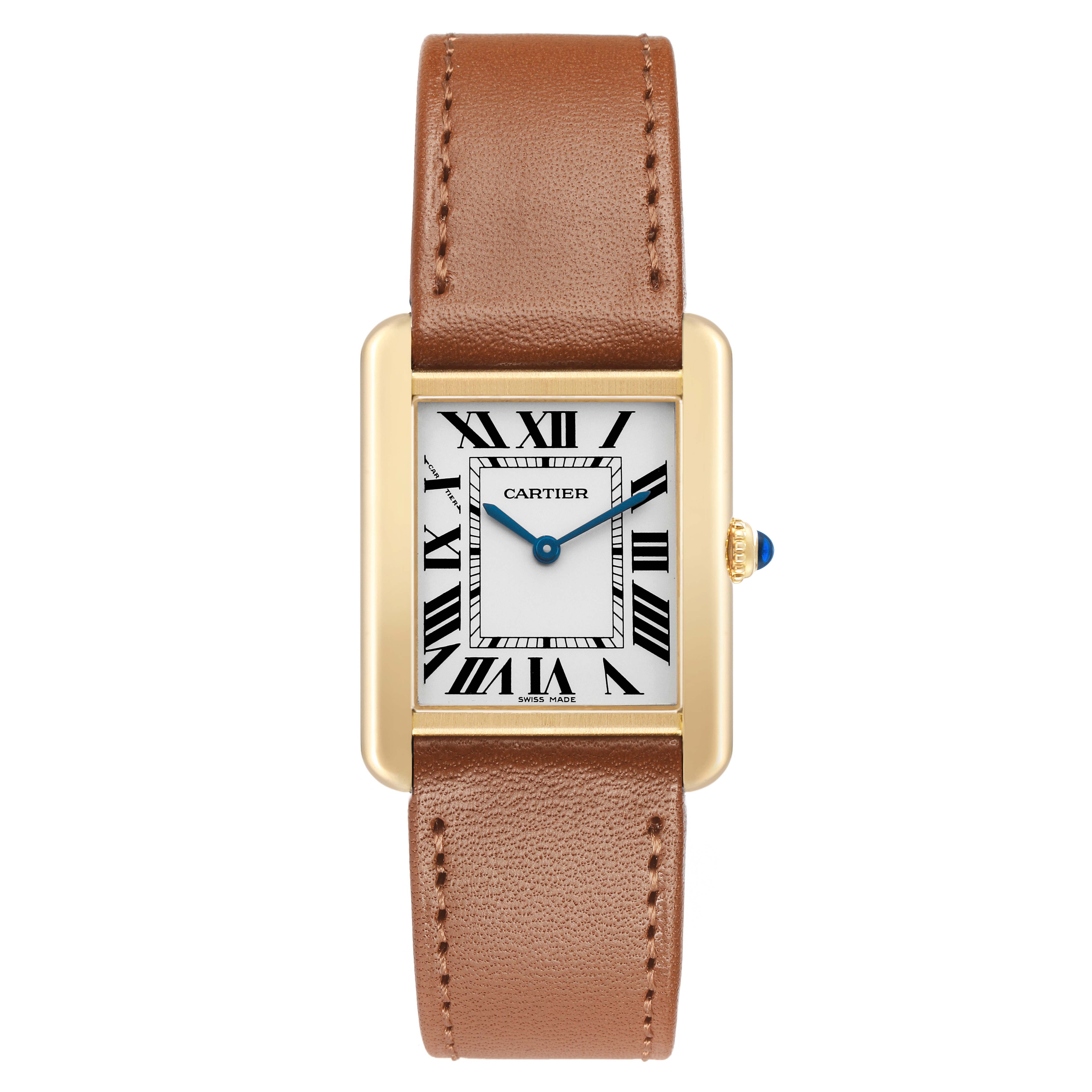 The Cartier Tank Solo W5200002 Women's Yellow Gold Silver Dial watch is shown from the front, highlighting the case, white dial with Roman numerals, and brown strap.