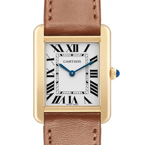 The Cartier Tank Solo W5200002 Women's Yellow Gold Silver Dial watch is shown from the front, featuring its face, Roman numerals, rectangular case, and leather strap.