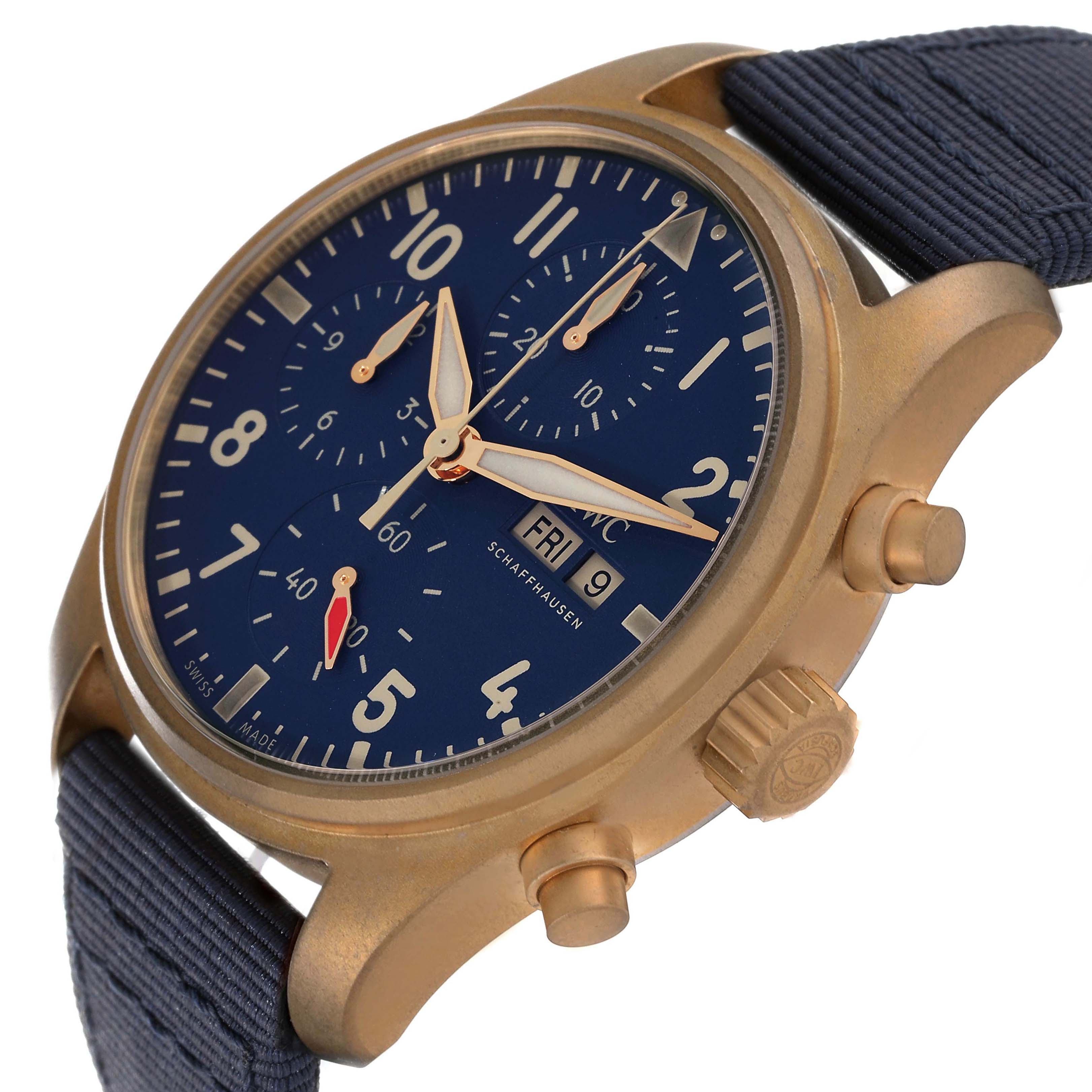 The IWC Pilot IW388109 Men's Bronze Blue Dial IW388109 Men's Bronze Blue Dial watch is shown at a three-quarter angle, highlighting the dial, crown, and chronograph pushers.