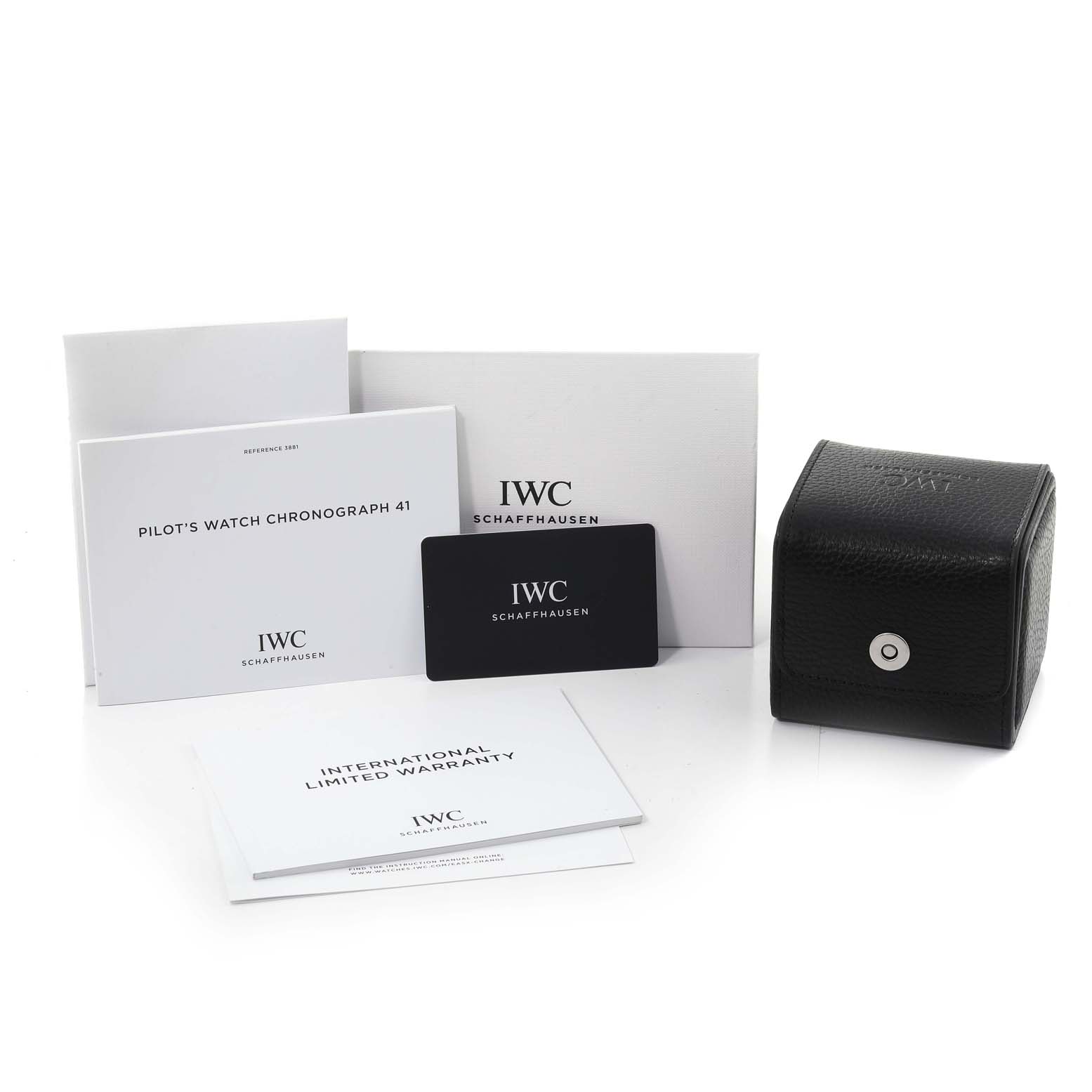 The image shows the IWC Pilot IW388109 Men's Bronze Blue Dial IW388109 Men's Bronze Blue Dial's Watch packaging, warranty card, manuals, and a black watch case.