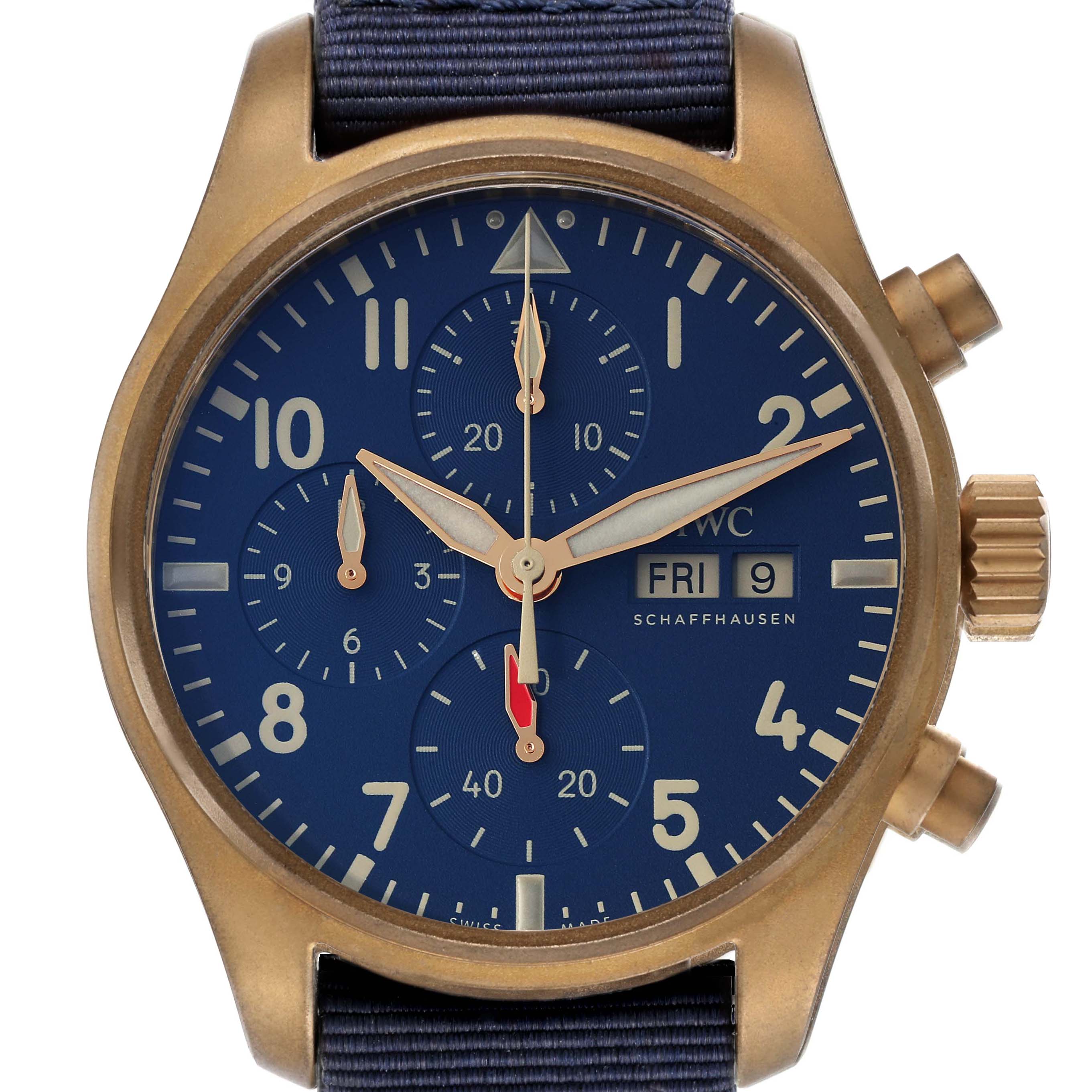The image shows a close-up front view of the IWC Pilot IW388109 Men's Bronze Blue Dial IW388109 Men's Bronze Blue Dial model watch, highlighting its blue dial, gold hands, subdials, and day-date display.