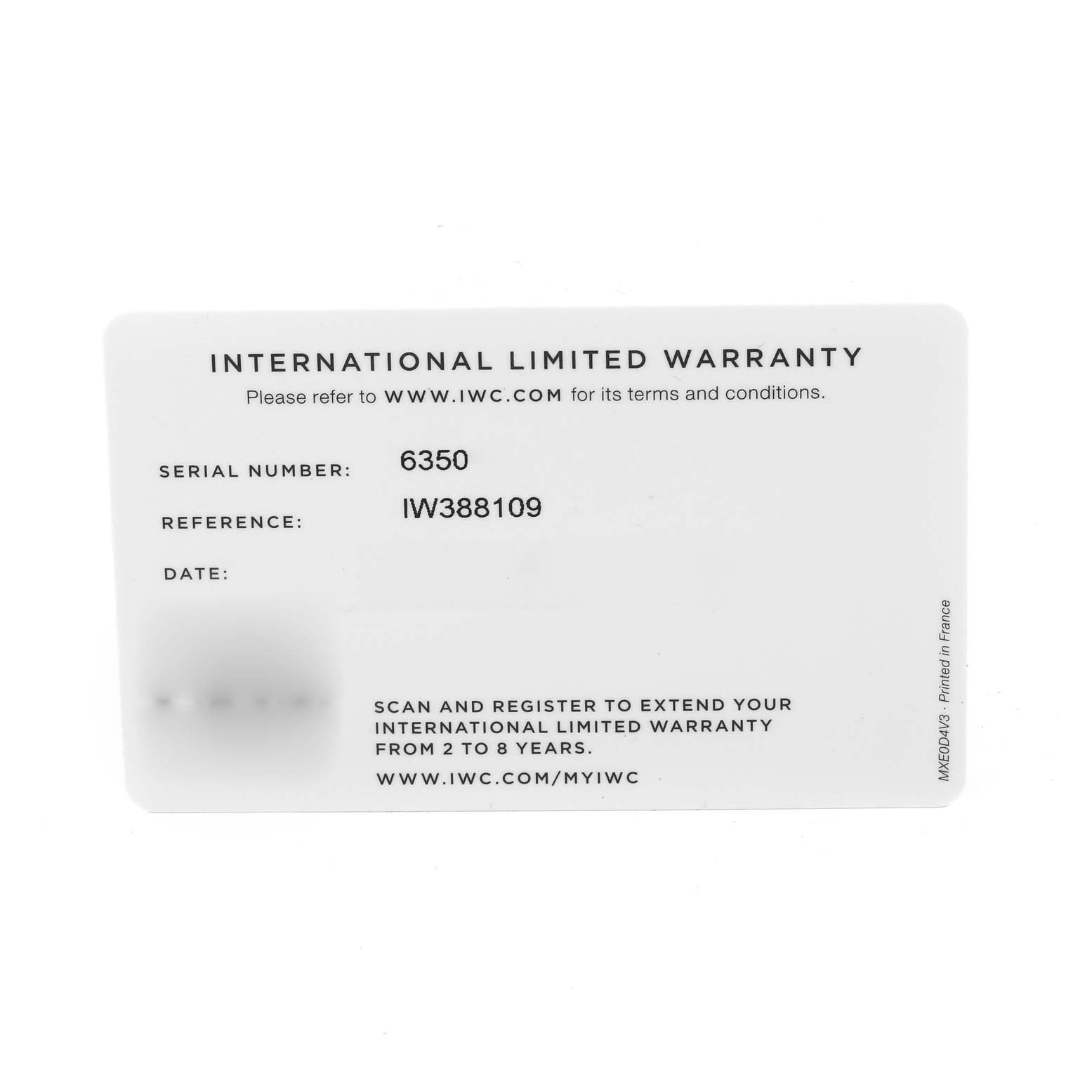 The image shows an international limited warranty card for the IWC Pilot IW388109 Men's Bronze Blue Dial IW388109 Men's Bronze Blue Dial model IW388109.
