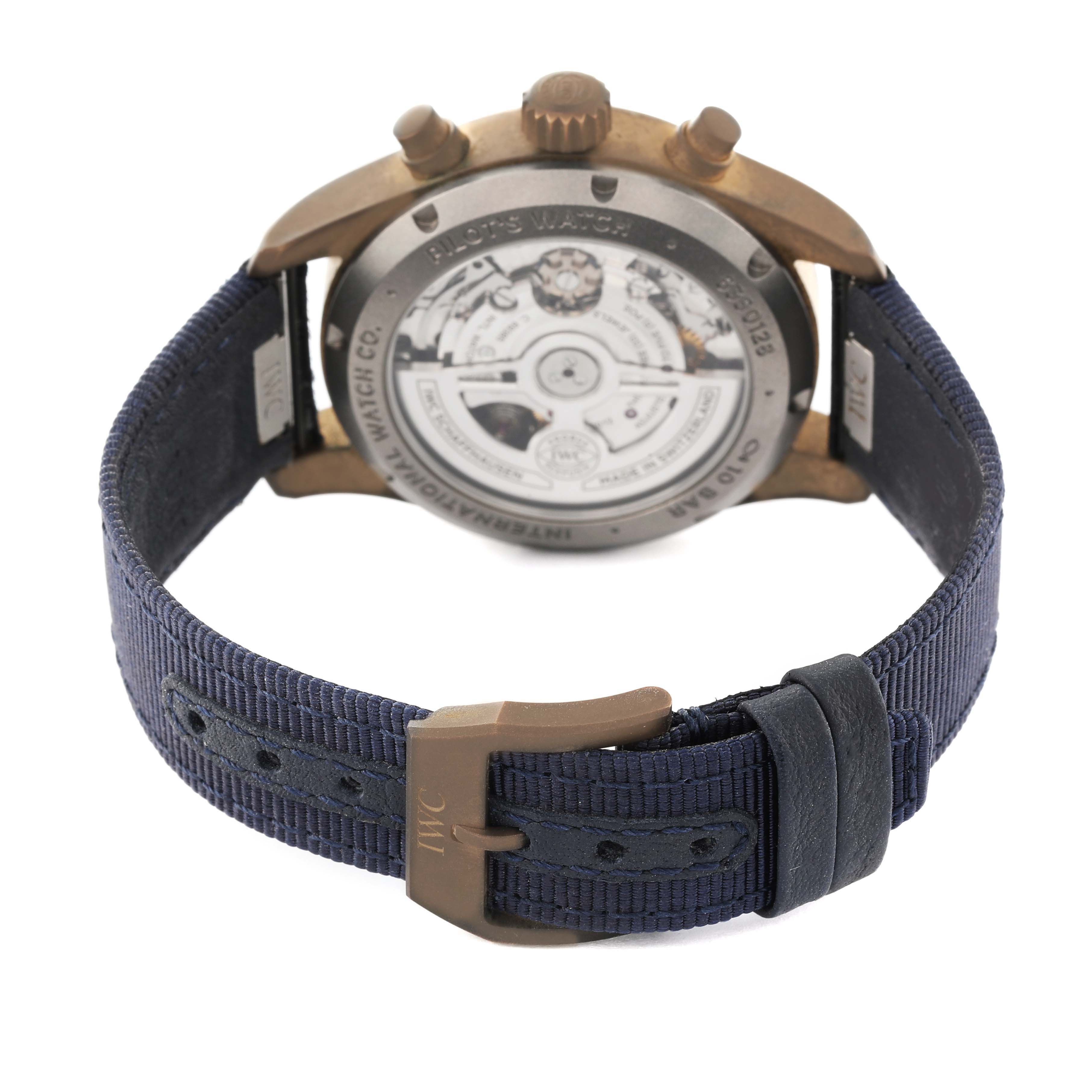 The image shows the back view of an IWC Pilot IW388109 Men's Bronze Blue Dial IW388109 Men's Bronze Blue Dial model watch, displaying the case back and strap.