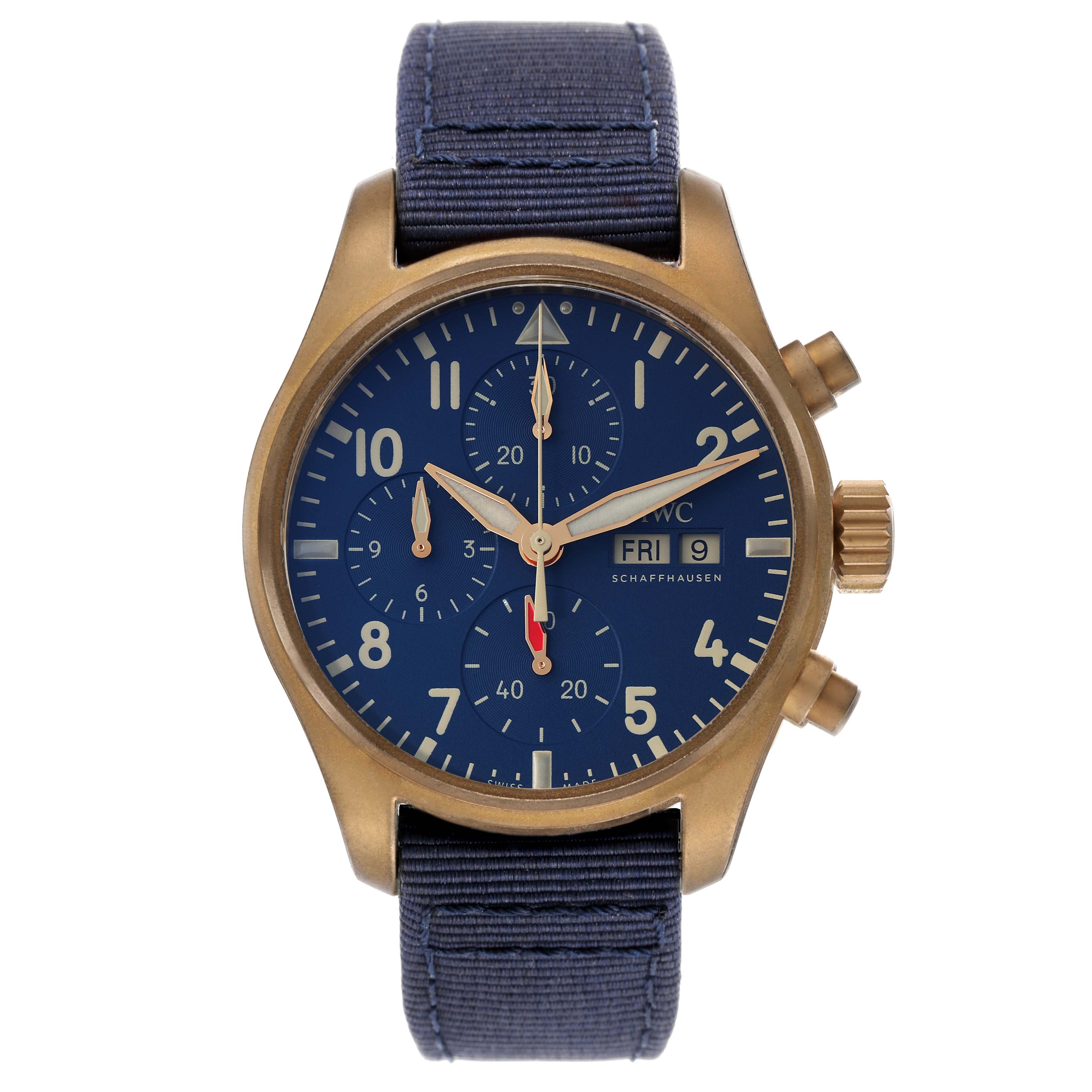 The image shows a front view of an IWC Pilot IW388109 Men's Bronze Blue Dial IW388109 Men's Bronze Blue Dial model watch with a blue dial, three subdials, and a blue strap.