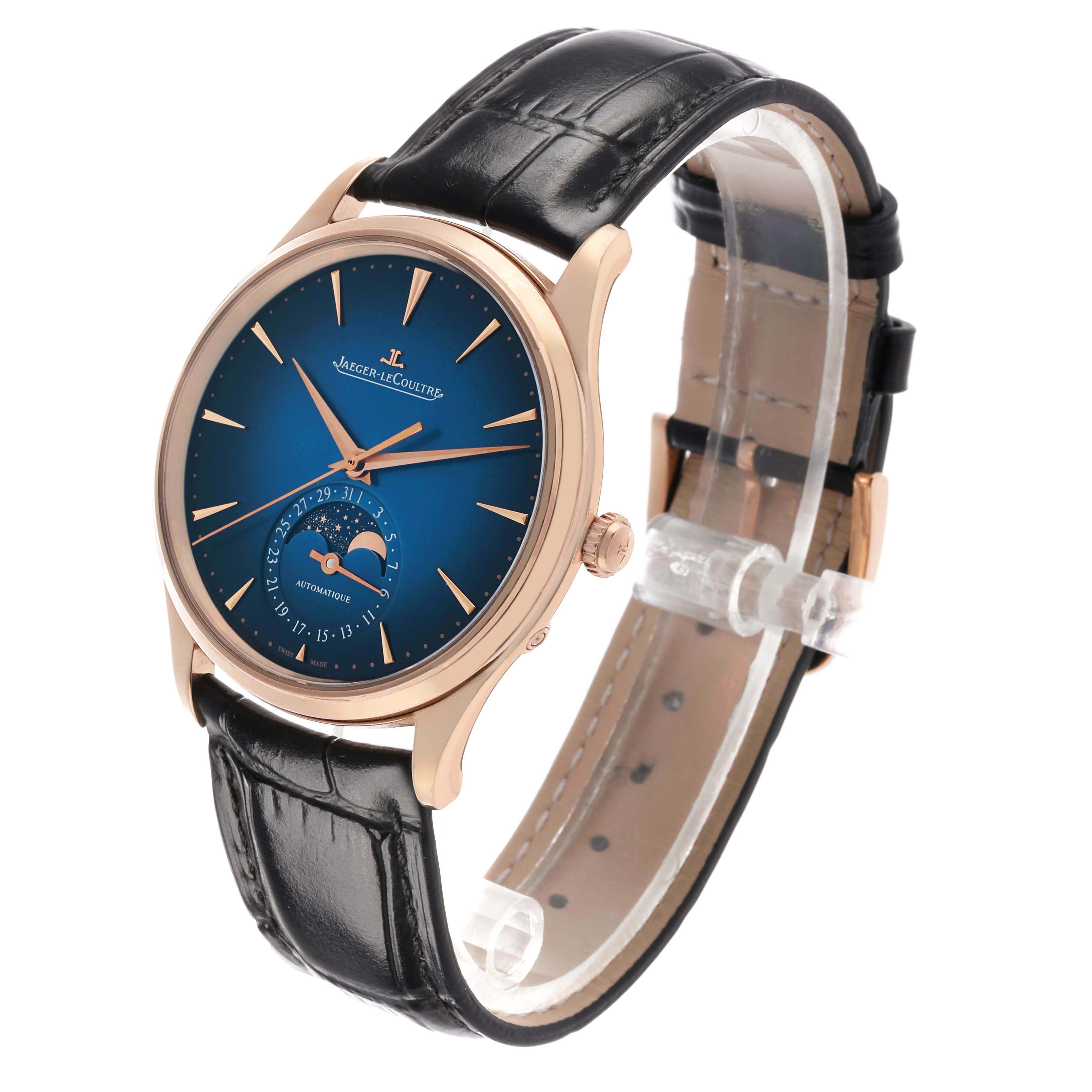 The Jaeger-LeCoultre Master watch is shown at a three-quarter angle, highlighting its face, bezel, and leather strap.