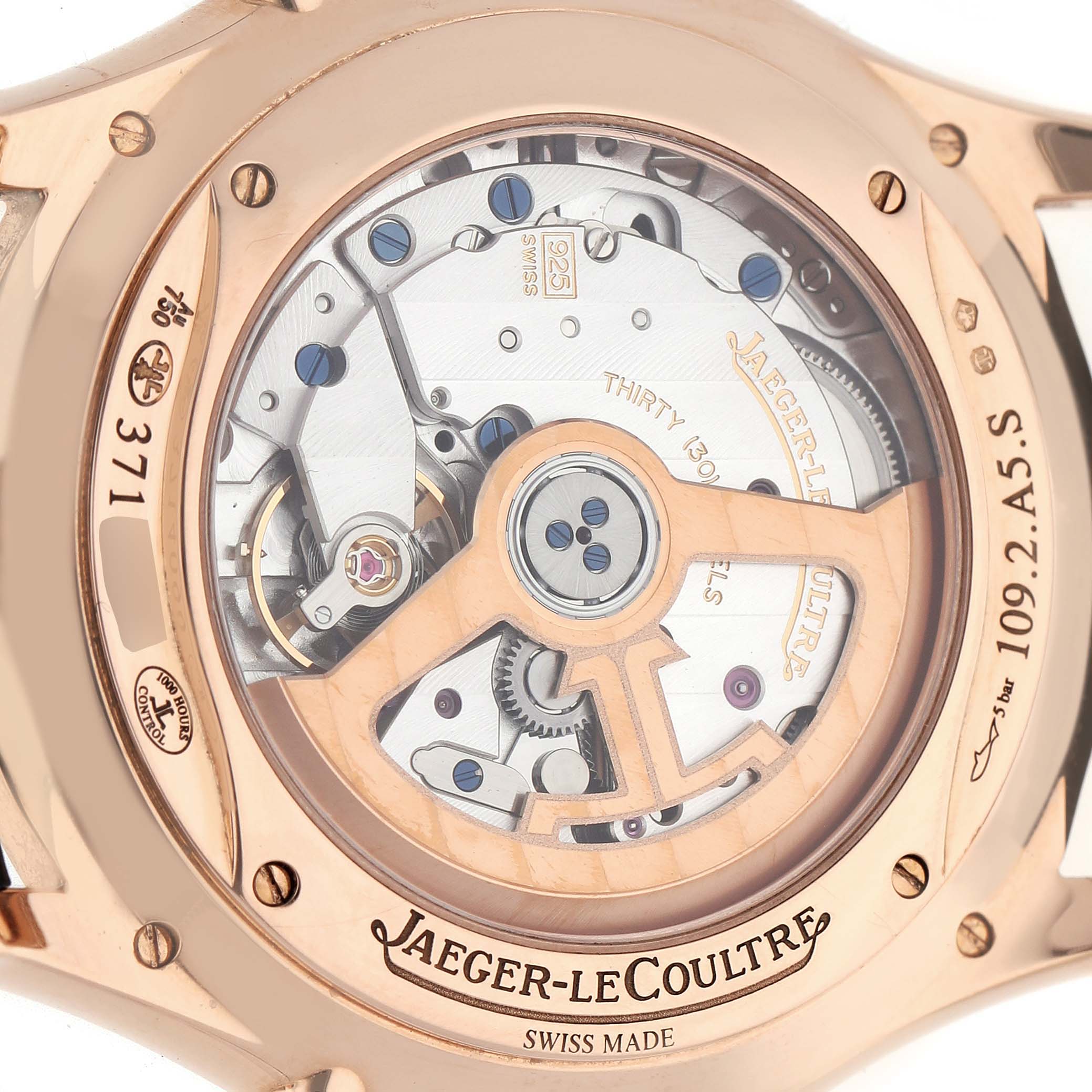 This image shows the back of a Jaeger-LeCoultre Master watch, highlighting the movement and rotor through a transparent case back.