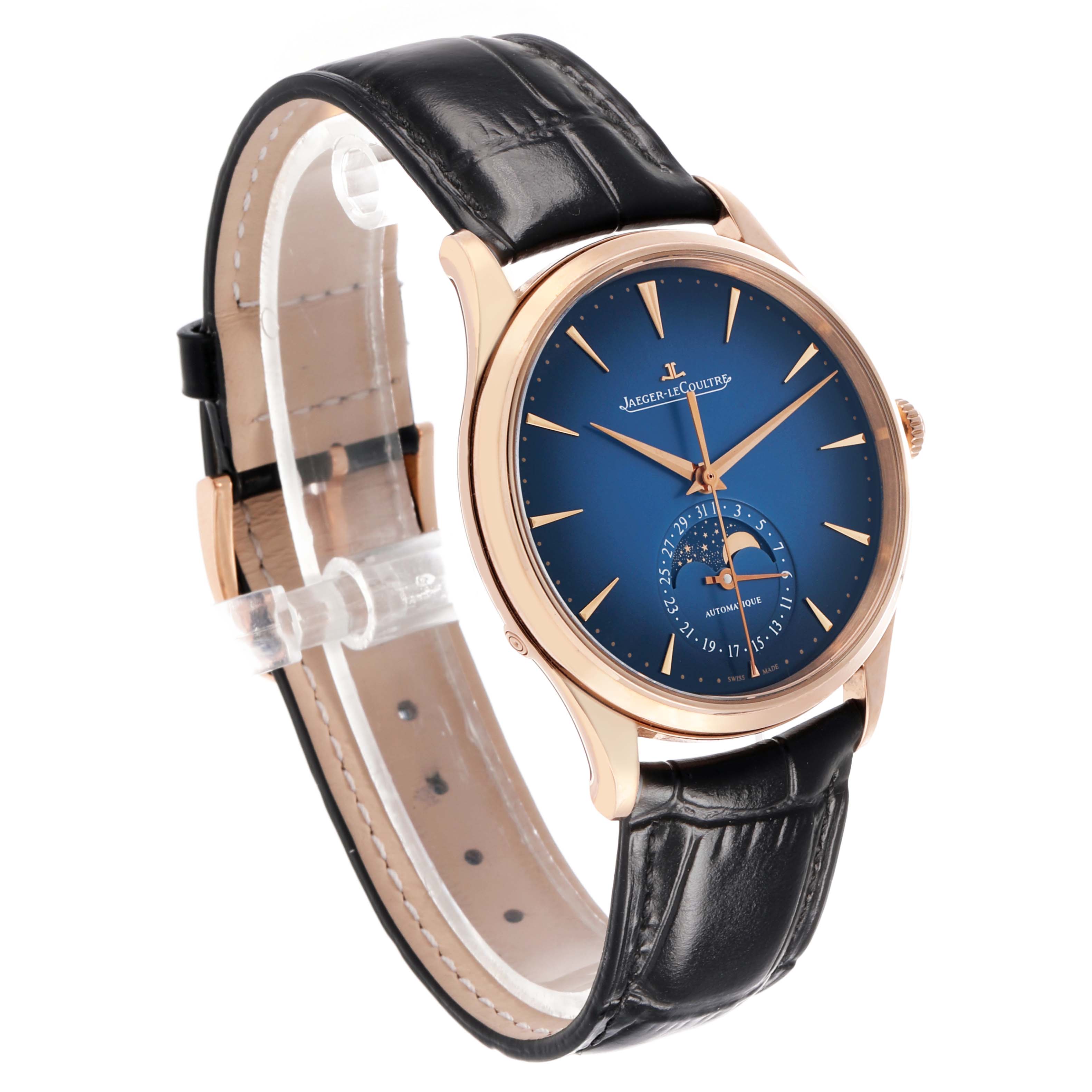 The Jaeger LeCoultre Master Q1362580 Men's Rose Gold Blue Dial watch is shown at a three-quarter angle, displaying the blue dial, hands, and black leather strap.