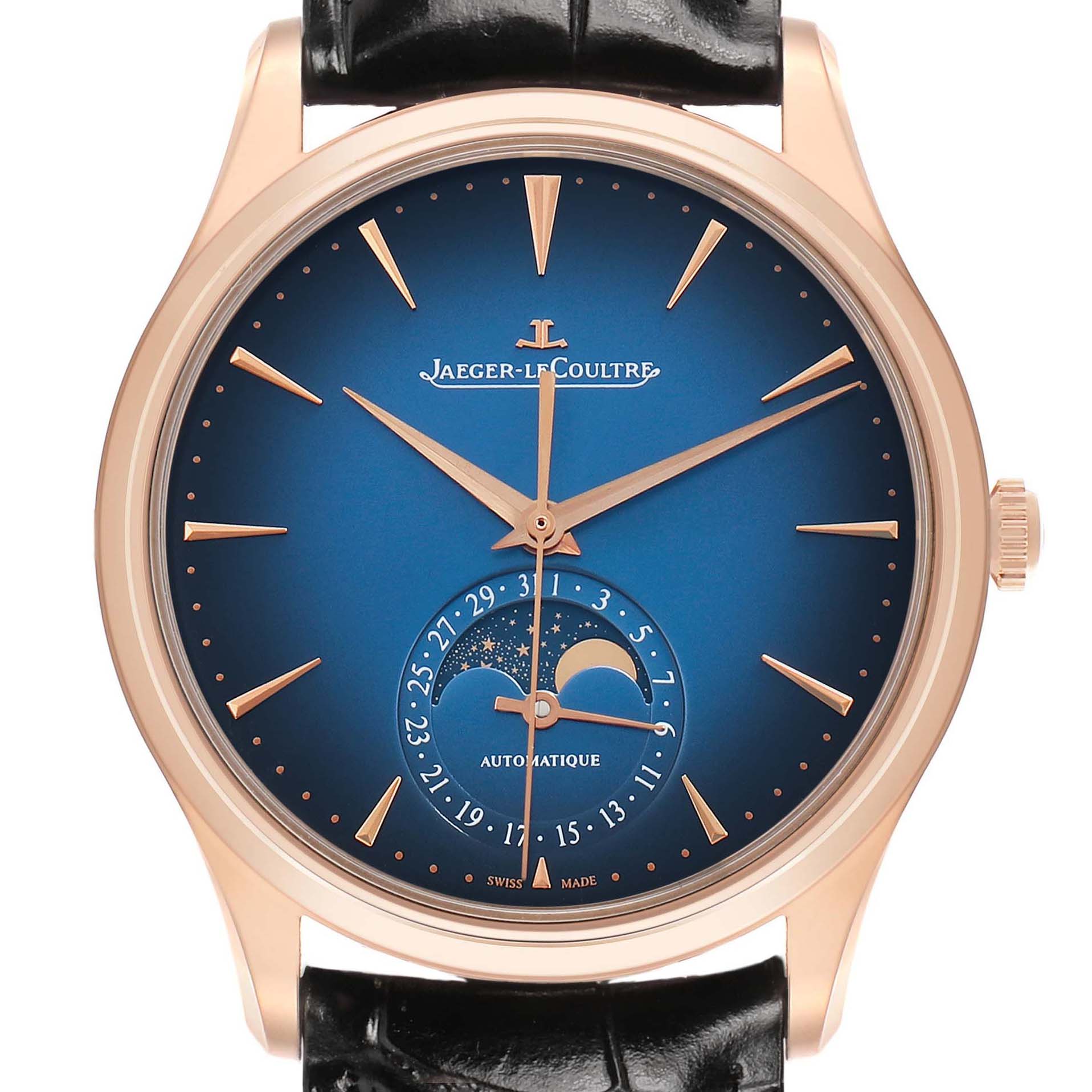 The Jaeger-LeCoultre Master model watch is shown from the front, highlighting its dial, hands, moon phase, and black strap.