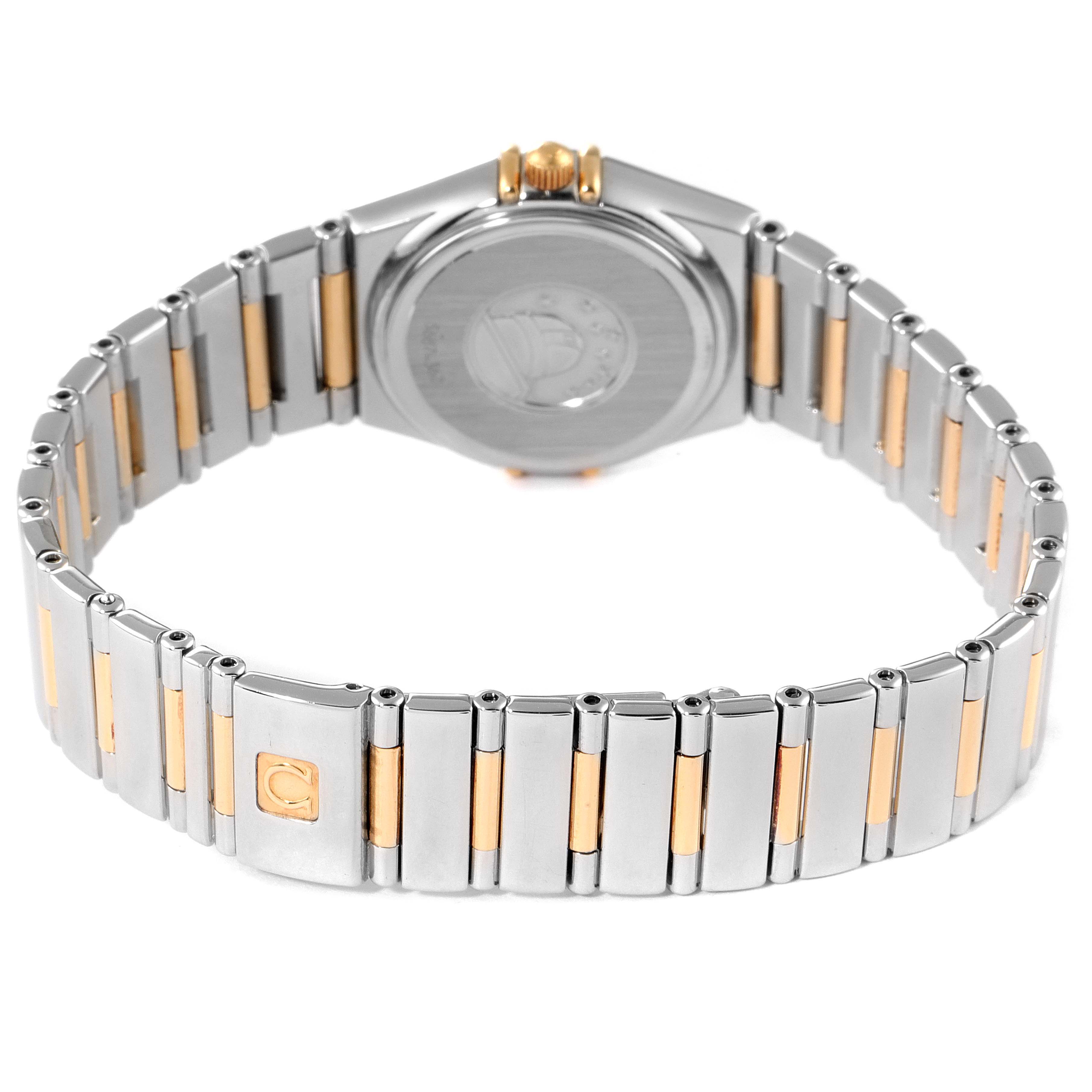 This image shows the back and band of the Omega Women's Steel and Gold (two tone) Mother of Pearl Dial Women's Steel and Gold (two tone) Mother of Pearl Dial Constellation My Choice Steel 18k Rose Gold Diamond Ladies Watch model.