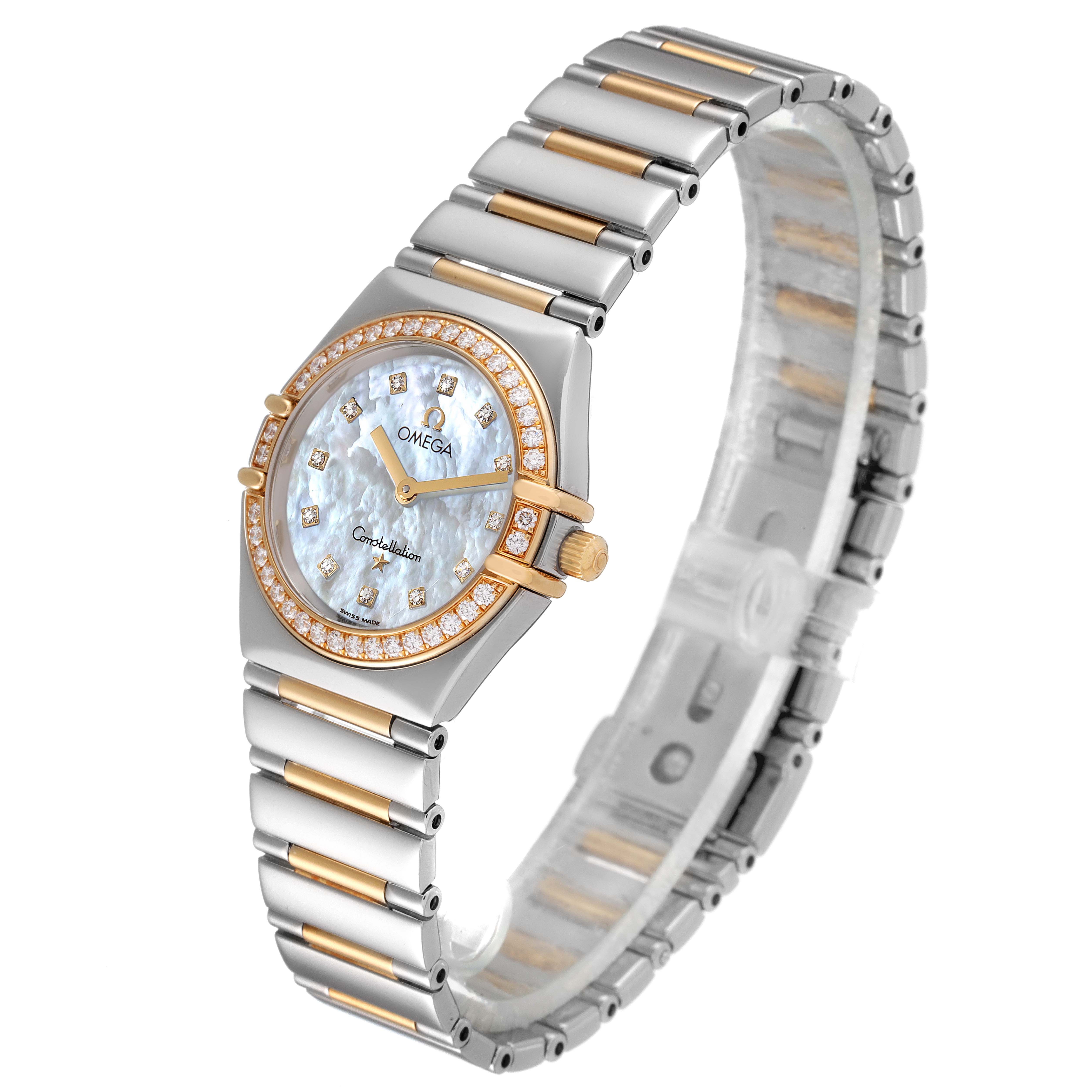 The image shows an angled view of the Omega Women's Steel and Gold (two tone) Mother of Pearl Dial Women's Steel and Gold (two tone) Mother of Pearl Dial Constellation My Choice Steel 18k Rose Gold Diamond Ladies Watch, highlighting its face and bracelet.