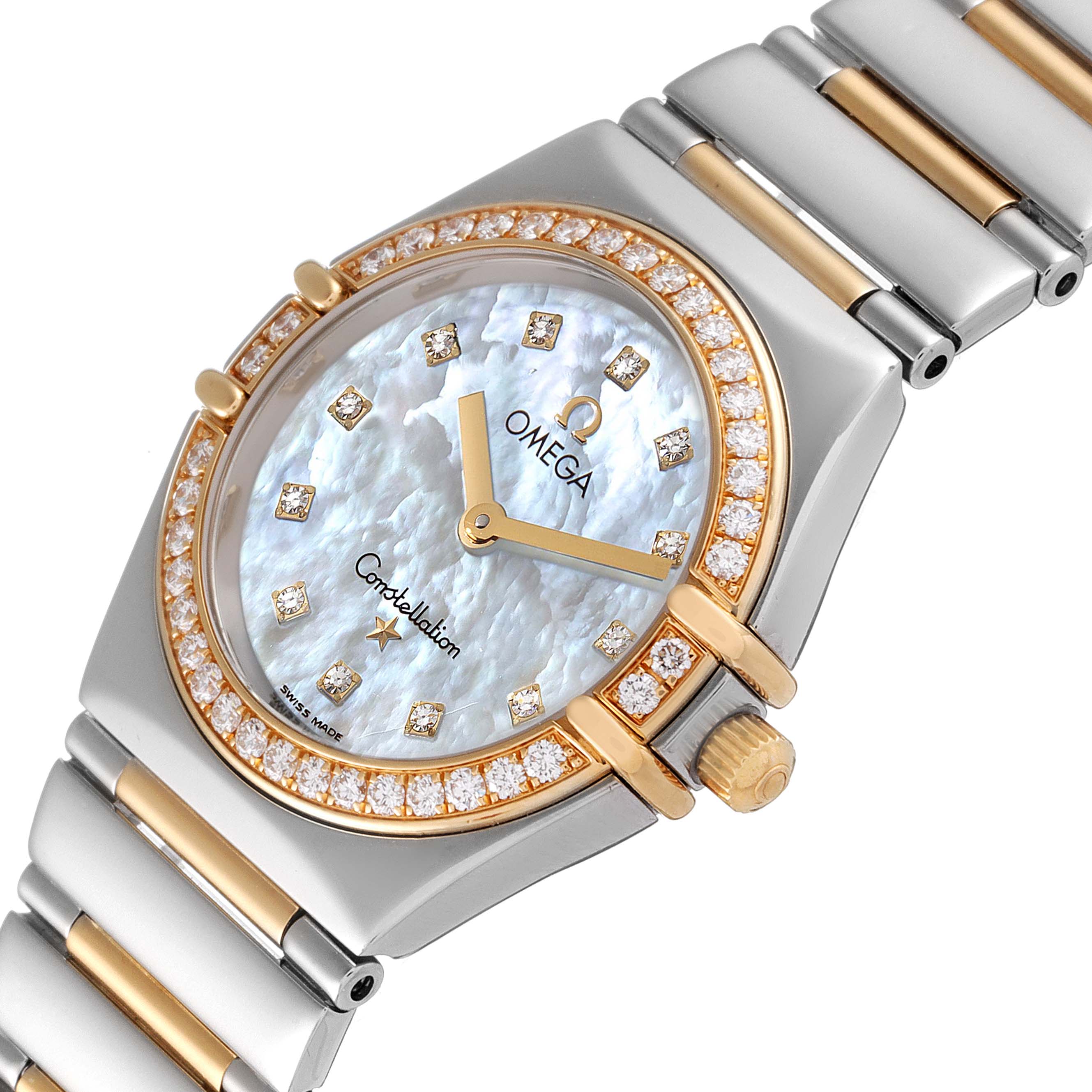 This image shows an angled view of the Omega Women's Steel and Gold (two tone) Mother of Pearl Dial Women's Steel and Gold (two tone) Mother of Pearl Dial Constellation My Choice Steel 18k Rose Gold Diamond Ladies Watch, highlighting the face and bracelet.