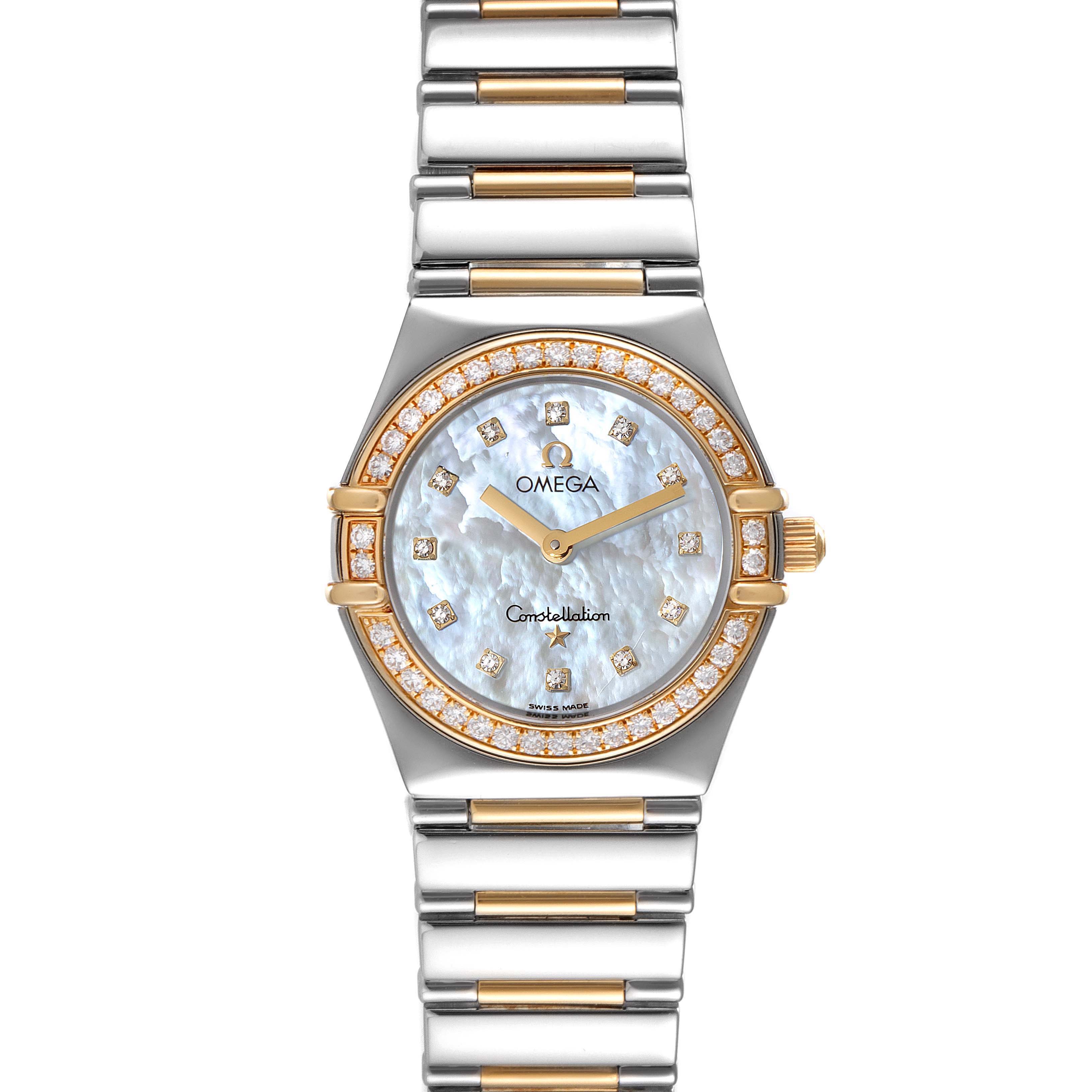 The image shows a frontal view of the Omega Women's Steel and Gold (two tone) Mother of Pearl Dial Women's Steel and Gold (two tone) Mother of Pearl Dial Constellation My Choice Steel 18k Rose Gold Diamond Ladies Watch.