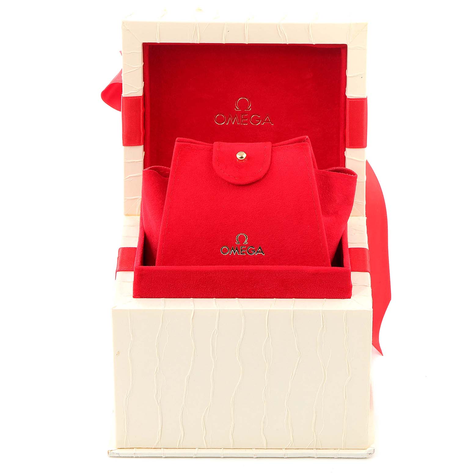 The image shows the packaging and box of an Omega Women's Steel and Gold (two tone) Mother of Pearl Dial Women's Steel and Gold (two tone) Mother of Pearl Dial Constellation My Choice Steel 18k Rose Gold Diamond Ladies Watch.