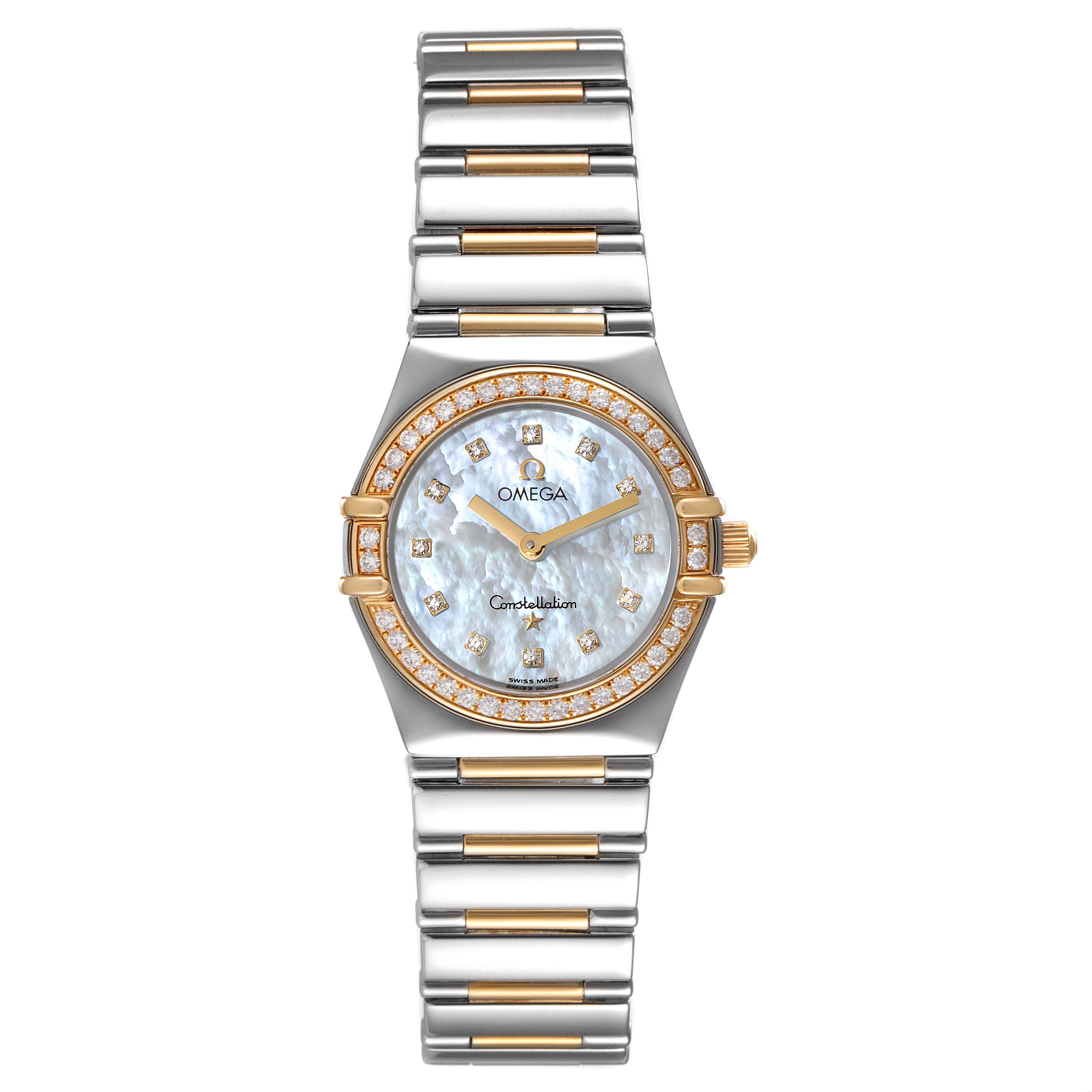 The image shows the Omega Women's Steel and Gold (two tone) Mother of Pearl Dial Women's Steel and Gold (two tone) Mother of Pearl Dial Constellation My Choice Steel 18k Rose Gold Diamond Ladies Watch from a front angle.