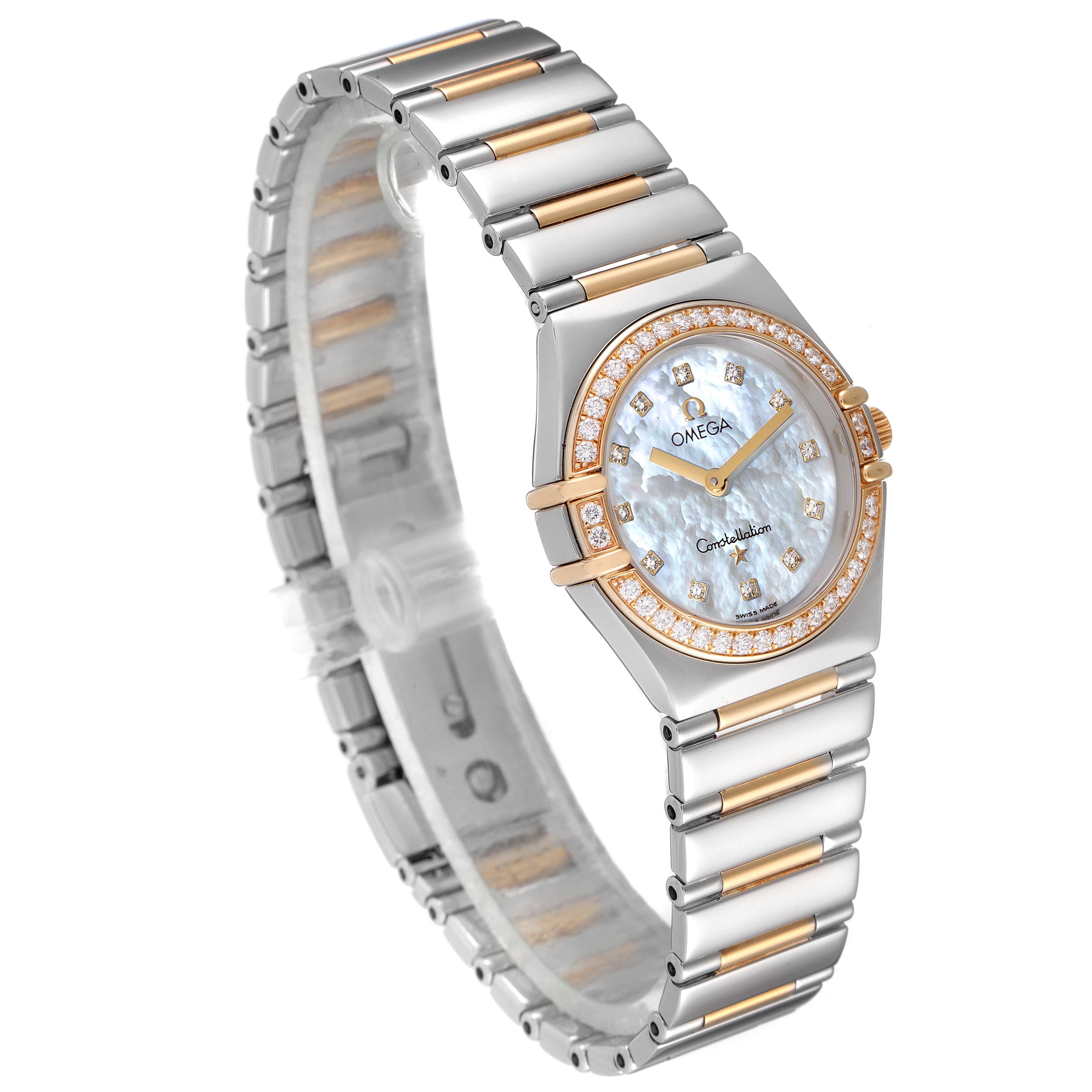 The image shows an angled view of the Omega Women's Steel and Gold (two tone) Mother of Pearl Dial Women's Steel and Gold (two tone) Mother of Pearl Dial Constellation My Choice Steel 18k Rose Gold Diamond Ladies Watch, highlighting the face and bracelet.