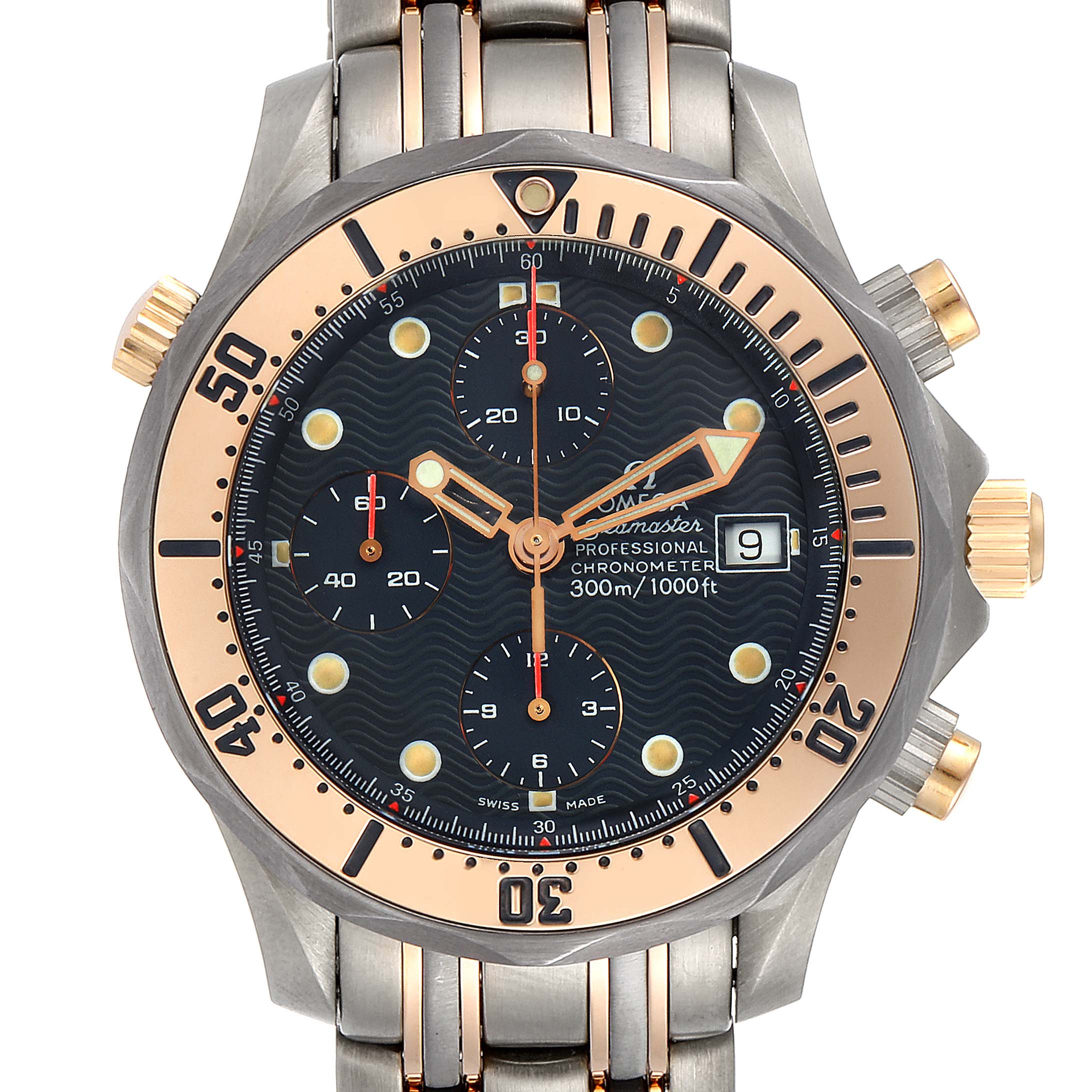 The image shows a front view of the Omega Seamaster 2296.80.00 Men's Steel and Gold (two tone) Blue Dial 2296.80.00 Men's Steel and Gold (two tone) Blue Dial watch, displaying the face, bezel, and part of the bracelet.
